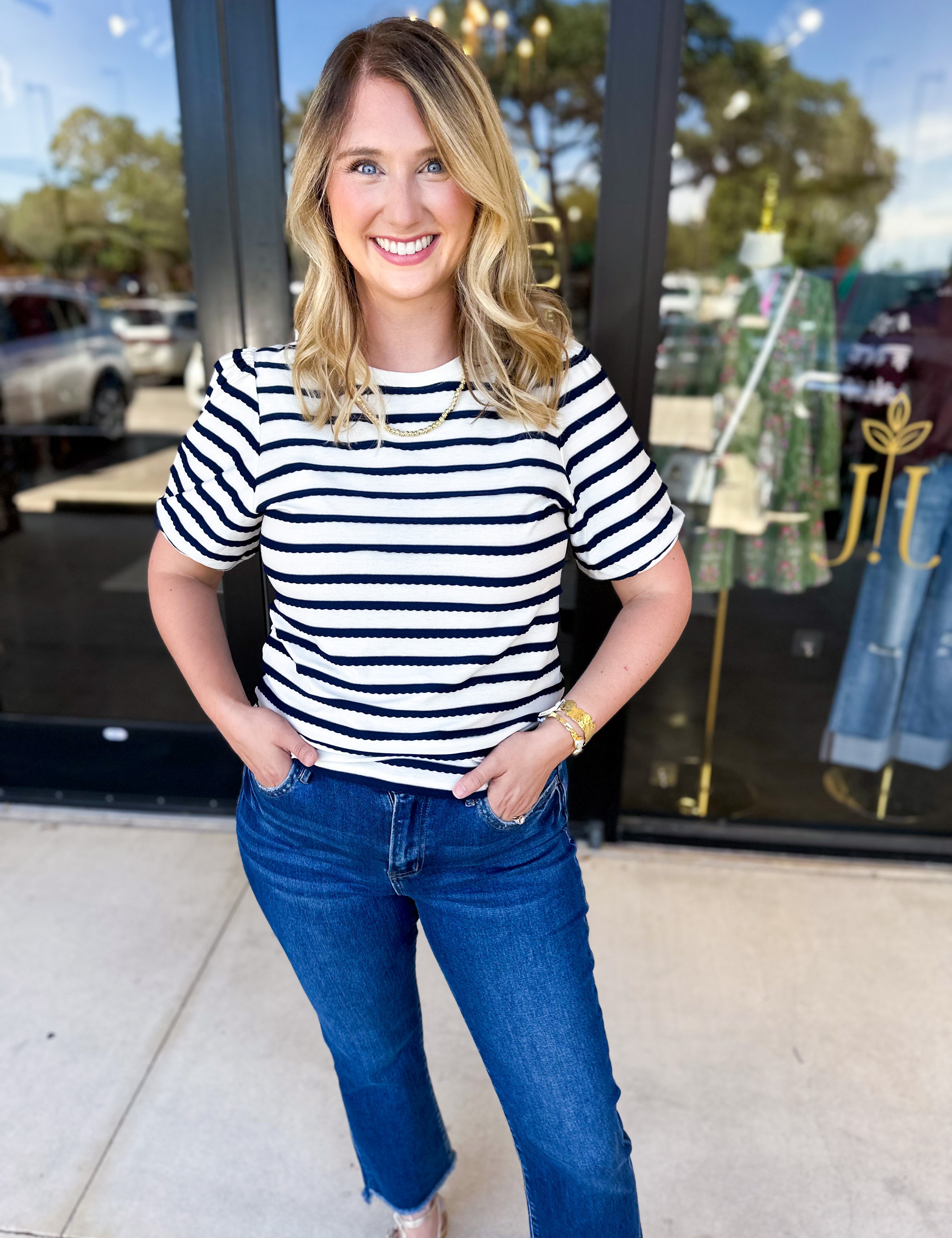 Striped Round Neck Tee - Navy-210 Casual Blouses-POLOGRAM-July & June Women's Fashion Boutique Located in San Antonio, Texas