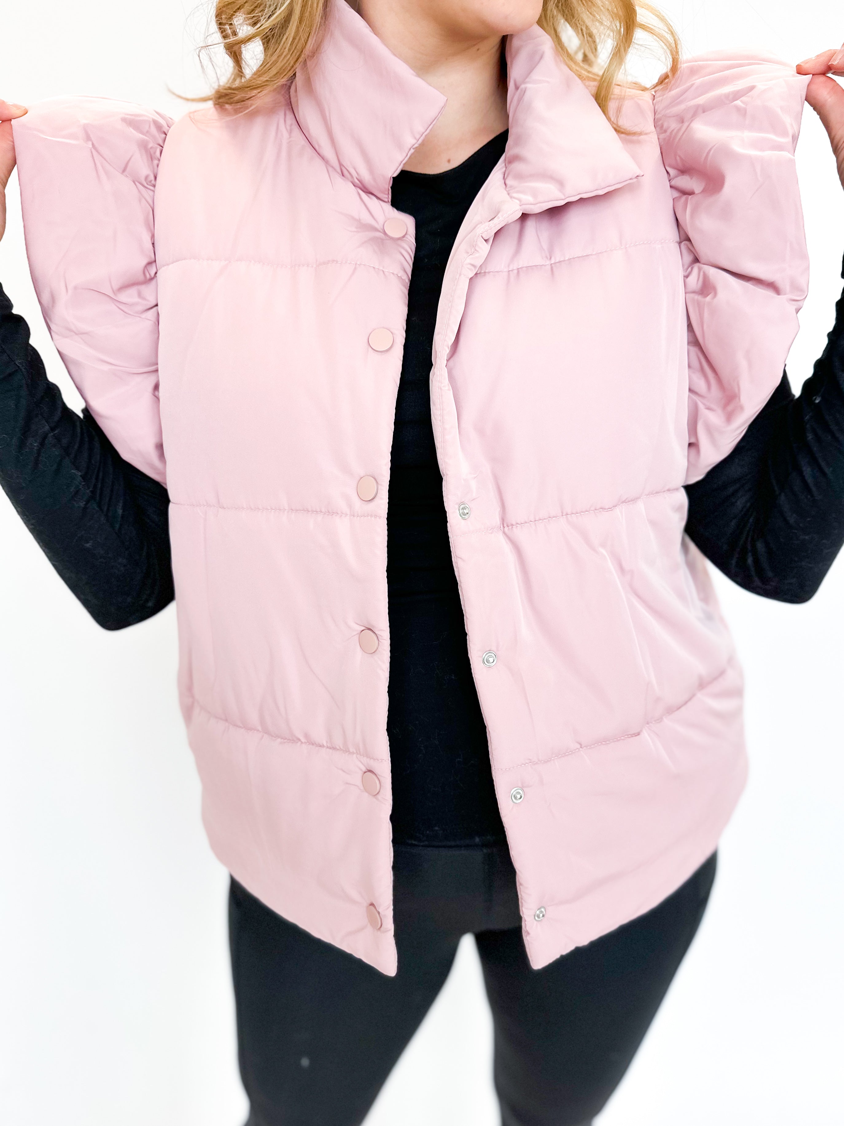 Ruffle Puffer Vest - Pink-600 Outerwear-ENTRO-July & June Women's Fashion Boutique Located in San Antonio, Texas