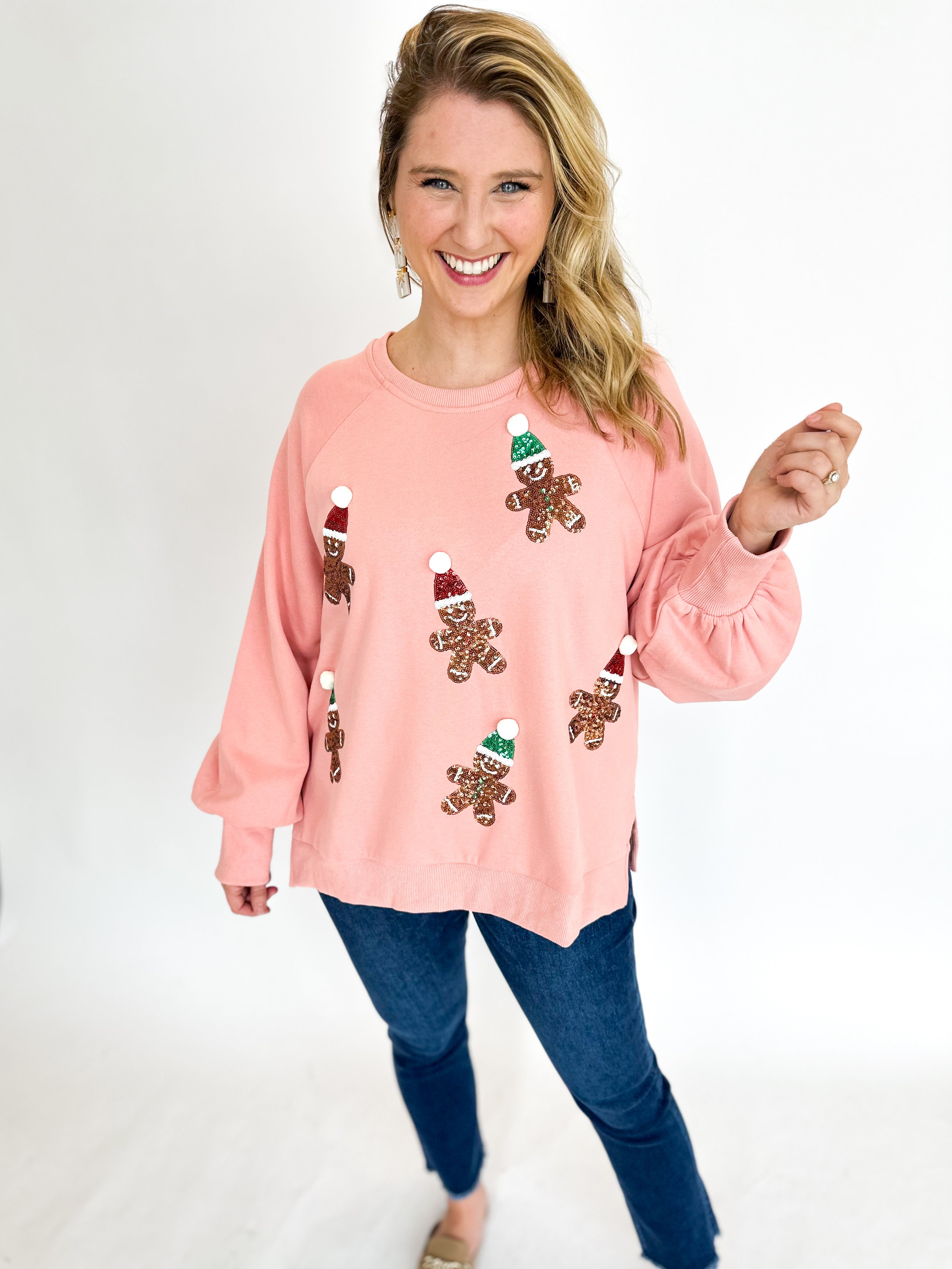 Pink Gingerbread Sequin Pullover Top-210 Casual Blouses-FANTASTIC FAWN-July & June Women's Fashion Boutique Located in San Antonio, Texas