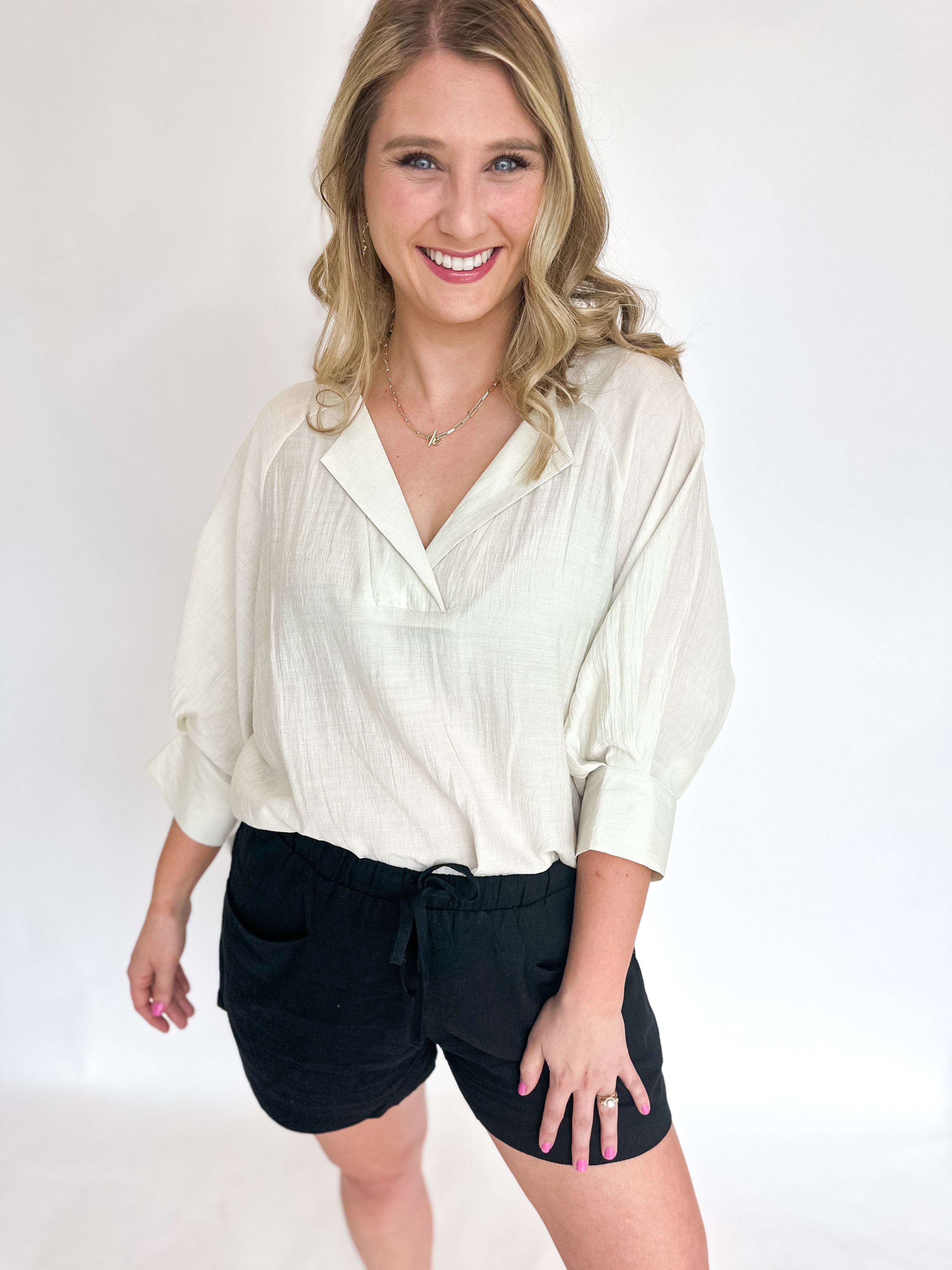 Oversized Collared Blouse - Linen-200 Fashion Blouses-ALLIE ROSE-July & June Women's Fashion Boutique Located in San Antonio, Texas