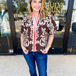 THML - Mocha Scroll Blouse-200 Fashion Blouses-THML-July & June Women's Fashion Boutique Located in San Antonio, Texas