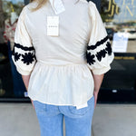 Ecru & Black Embroidered Blouse-200 Fashion Blouses-ENTRO-July & June Women's Fashion Boutique Located in San Antonio, Texas