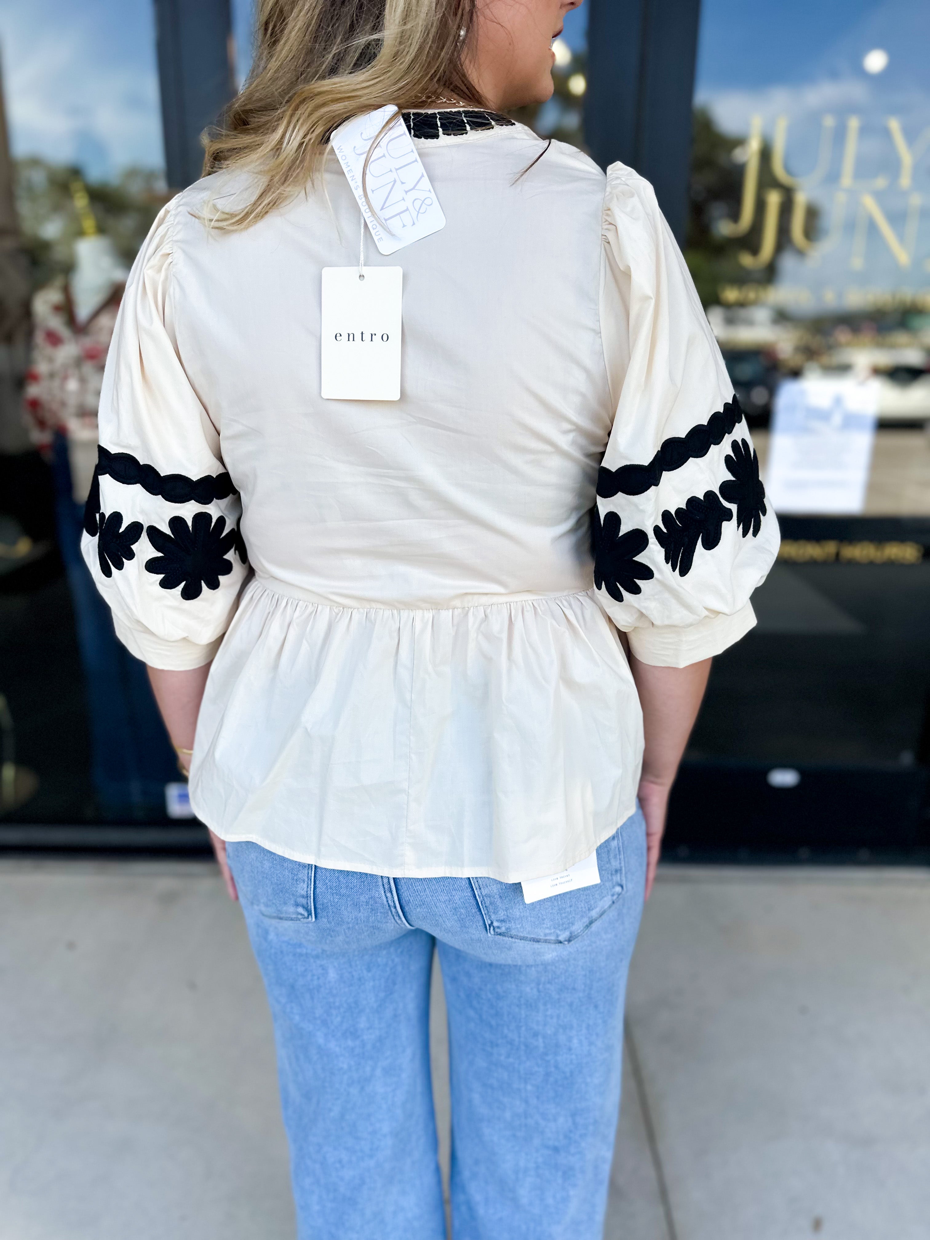 Ecru & Black Embroidered Blouse-200 Fashion Blouses-ENTRO-July & June Women's Fashion Boutique Located in San Antonio, Texas