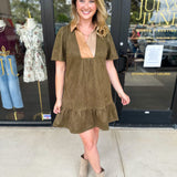 THML - Olive & Tan Suede Mini Dress-510 Mini-THML-July & June Women's Fashion Boutique Located in San Antonio, Texas