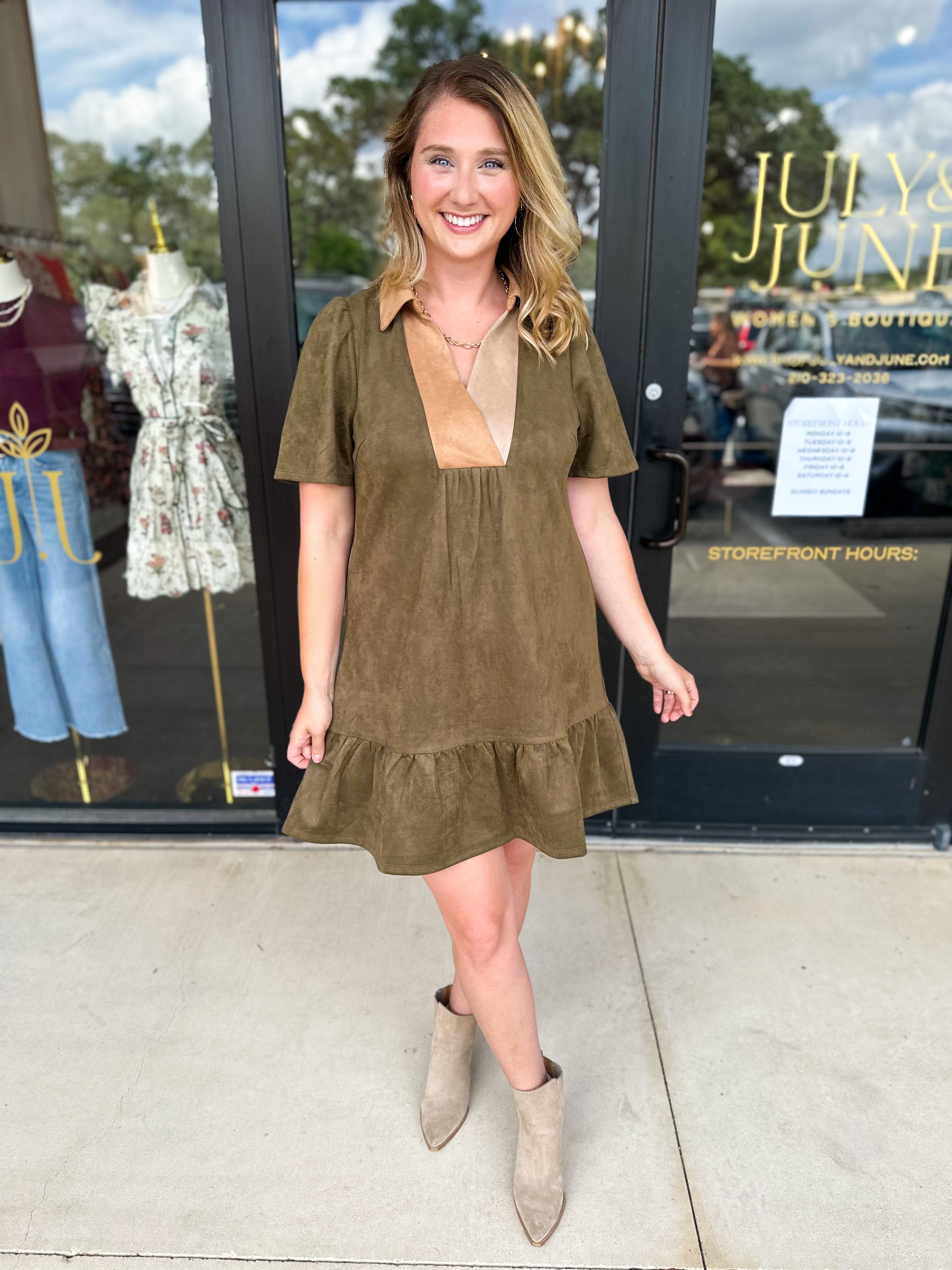 THML - Olive & Tan Suede Mini Dress-510 Mini-THML-July & June Women's Fashion Boutique Located in San Antonio, Texas