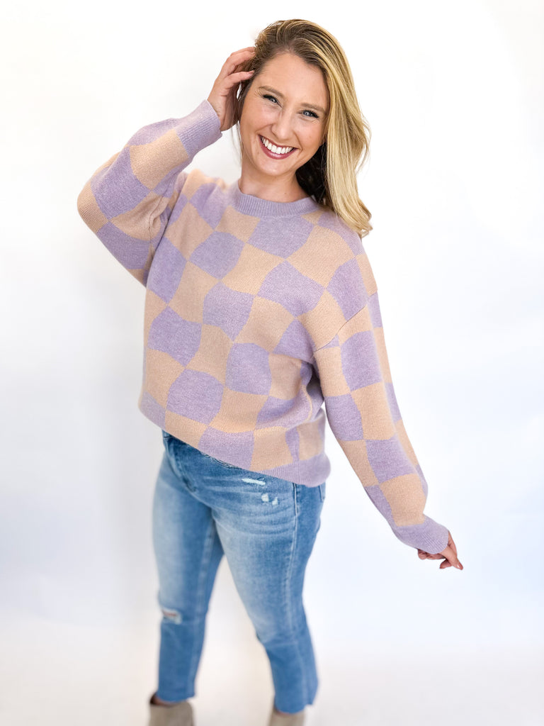 Lavender Checkered Sweater-230 Sweaters/Cardis-GILLI CLOTHING-July & June Women's Fashion Boutique Located in San Antonio, Texas