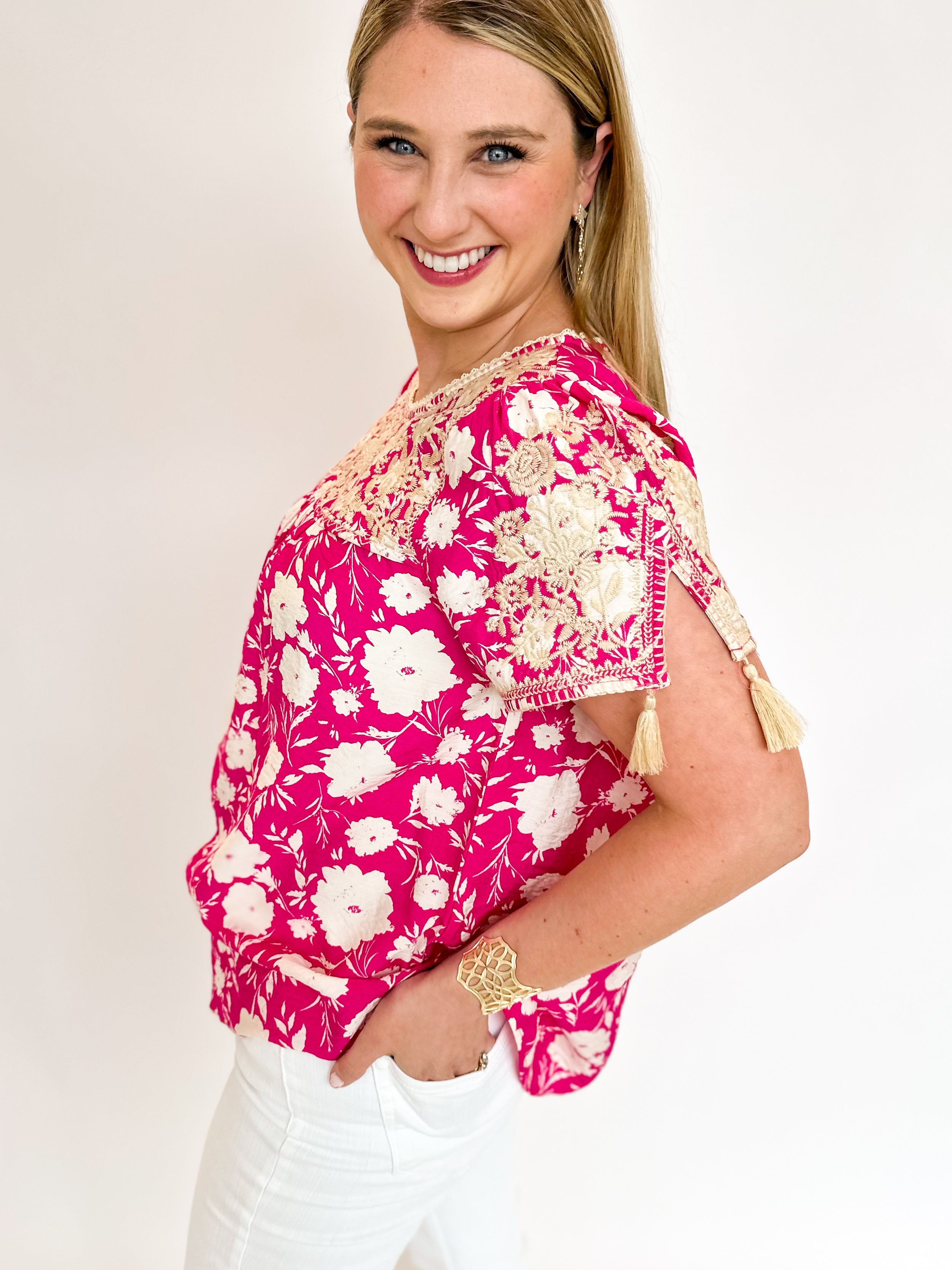 Bold Pink Floral Embroidered Blouse-200 Fashion Blouses-ANDREE BY UNIT-July & June Women's Fashion Boutique Located in San Antonio, Texas