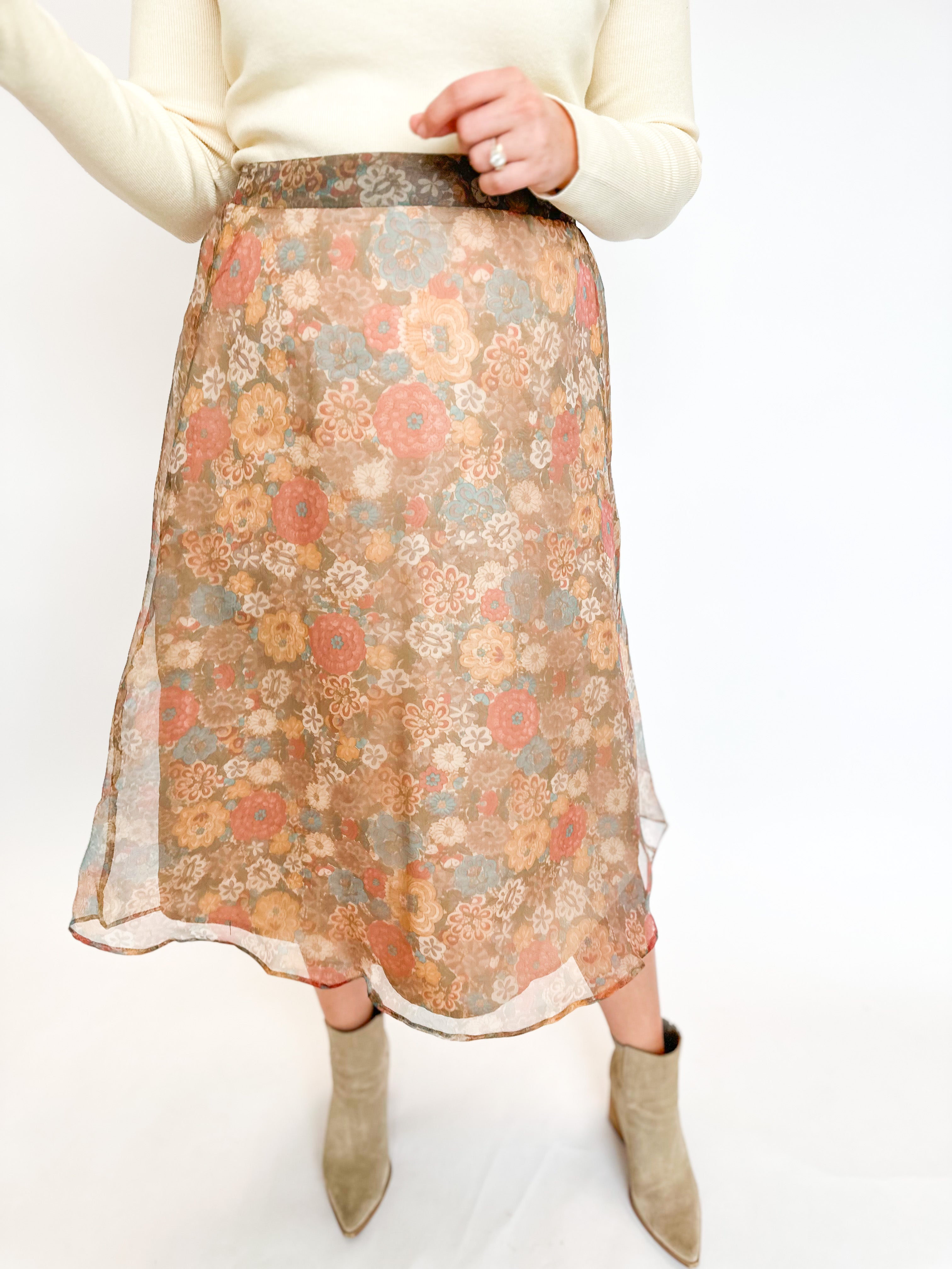 Feminine Floral Midi Skirt-410 Shorts/Skirts-LISTICLE-July & June Women's Fashion Boutique Located in San Antonio, Texas