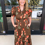 Mocha & Rust Floral Midi Dress-500 Midi-ENTRO-July & June Women's Fashion Boutique Located in San Antonio, Texas