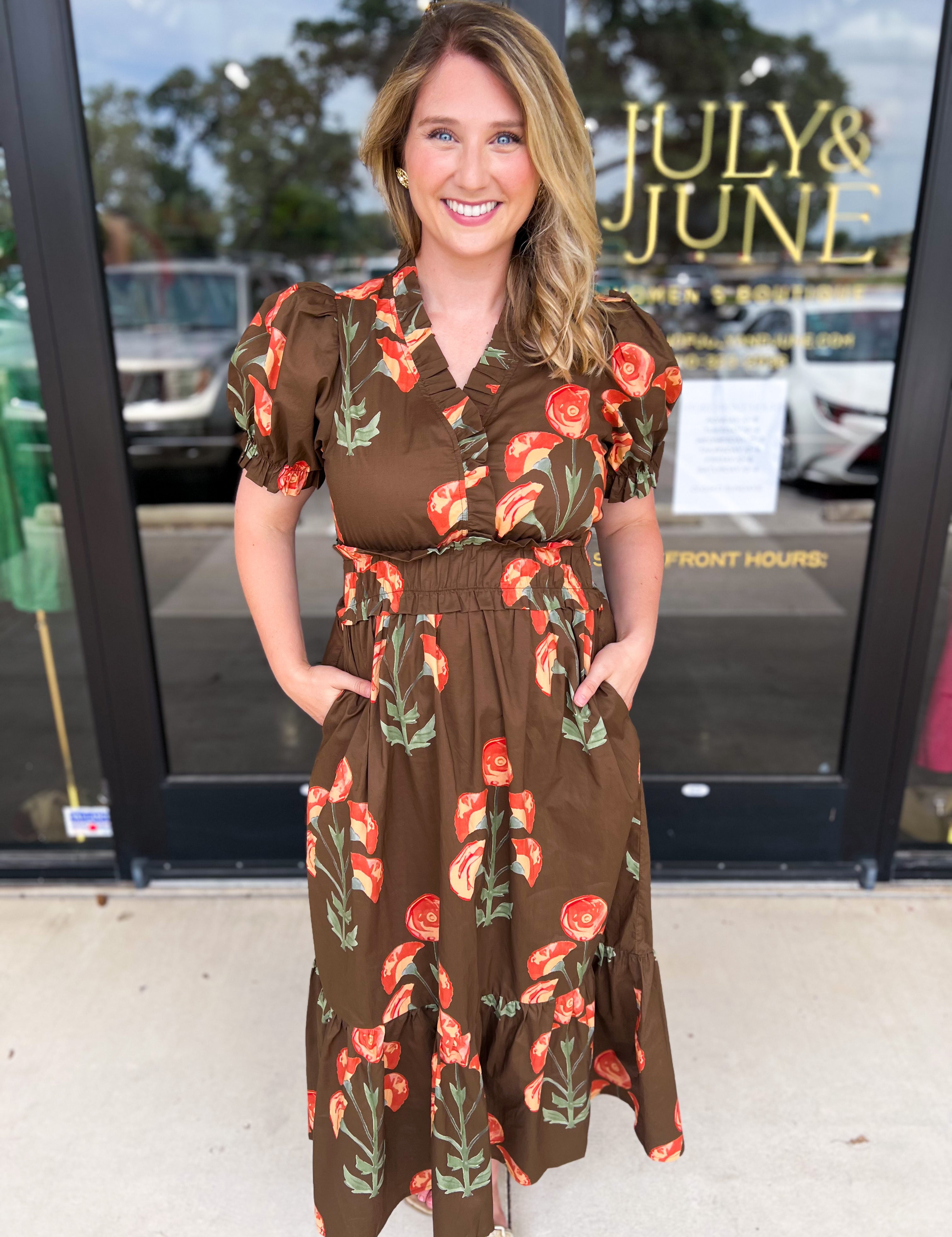 Mocha & Rust Floral Midi Dress-500 Midi-ENTRO-July & June Women's Fashion Boutique Located in San Antonio, Texas