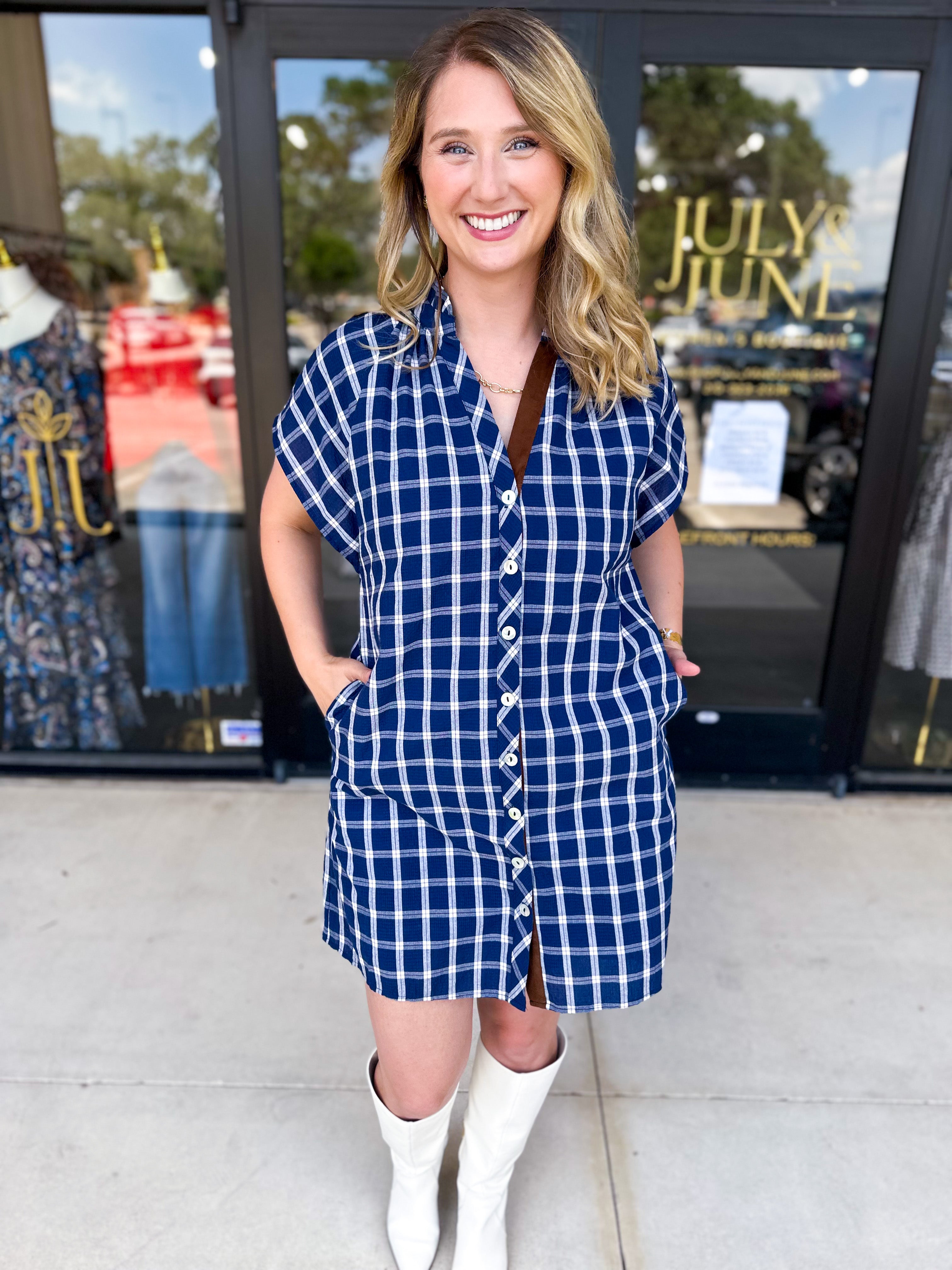 THML - Navy Plaid Mini Dress-510 Mini-THML-July & June Women's Fashion Boutique Located in San Antonio, Texas