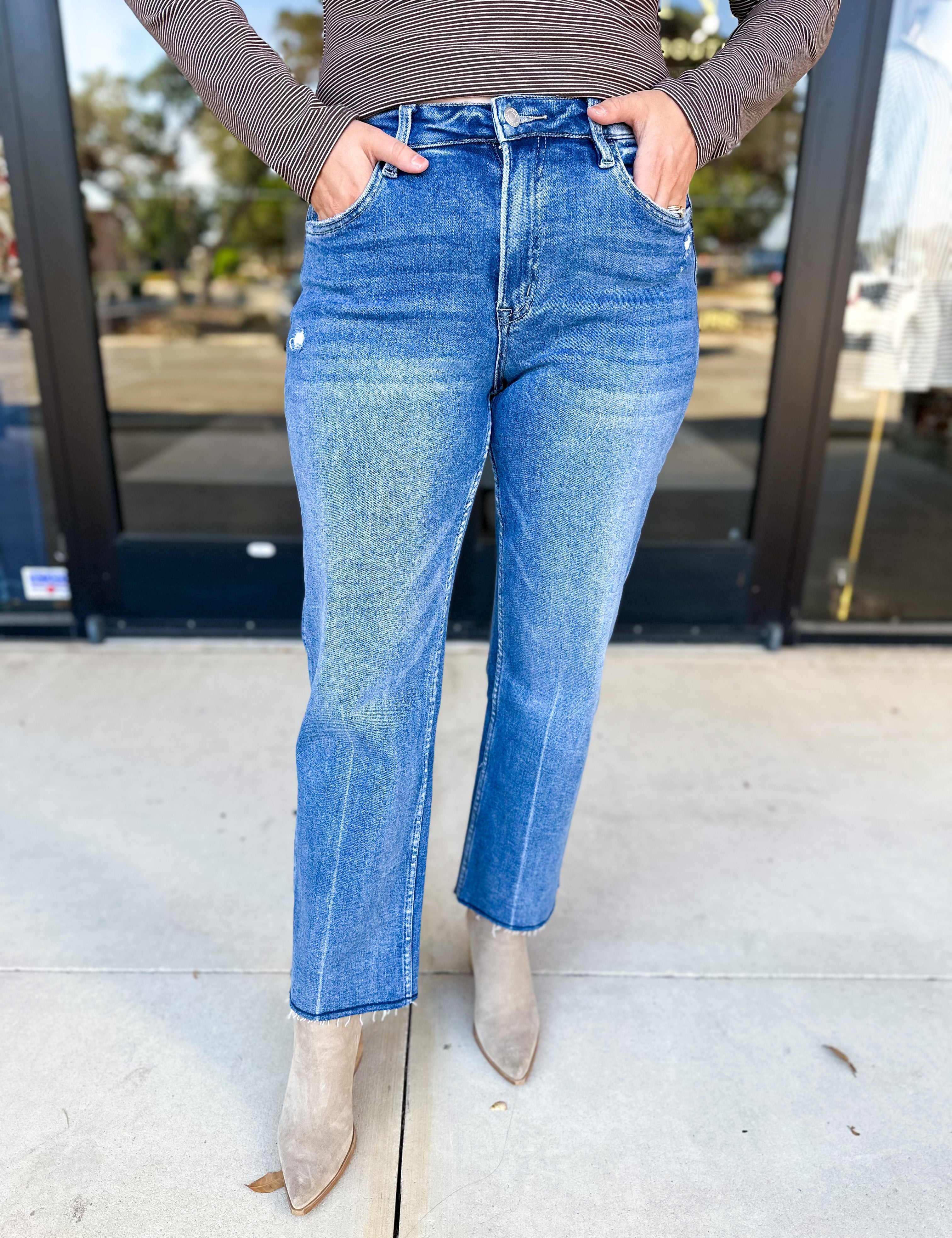 Vervet - High Rise Raw Hem Ankle Straight Jeans-400 Pants-VEVERT BY FLYING MONKEY-July & June Women's Fashion Boutique Located in San Antonio, Texas