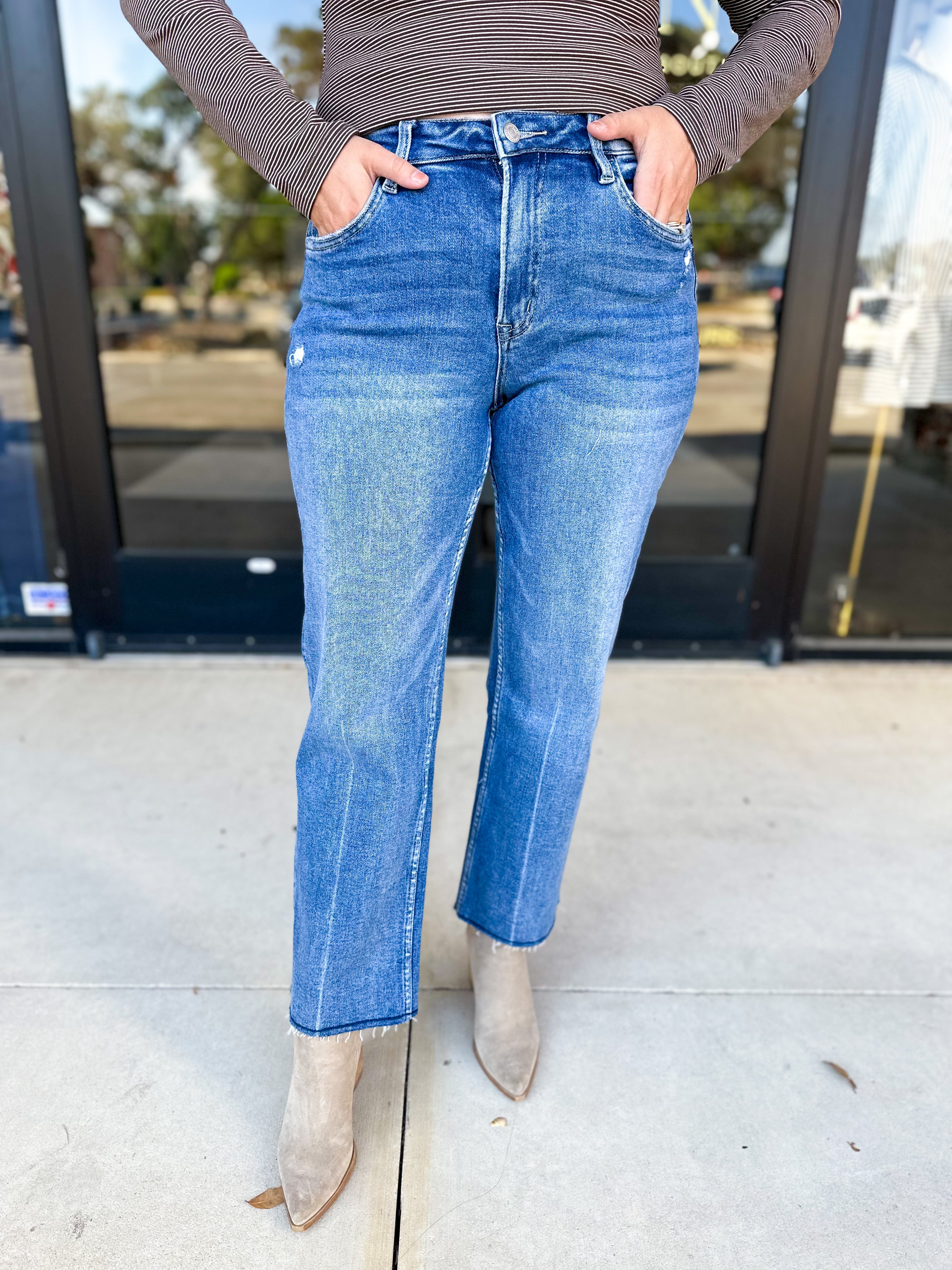 Vervet - High Rise Raw Hem Ankle Straight Jeans-400 Pants-VEVERT BY FLYING MONKEY-July & June Women's Fashion Boutique Located in San Antonio, Texas