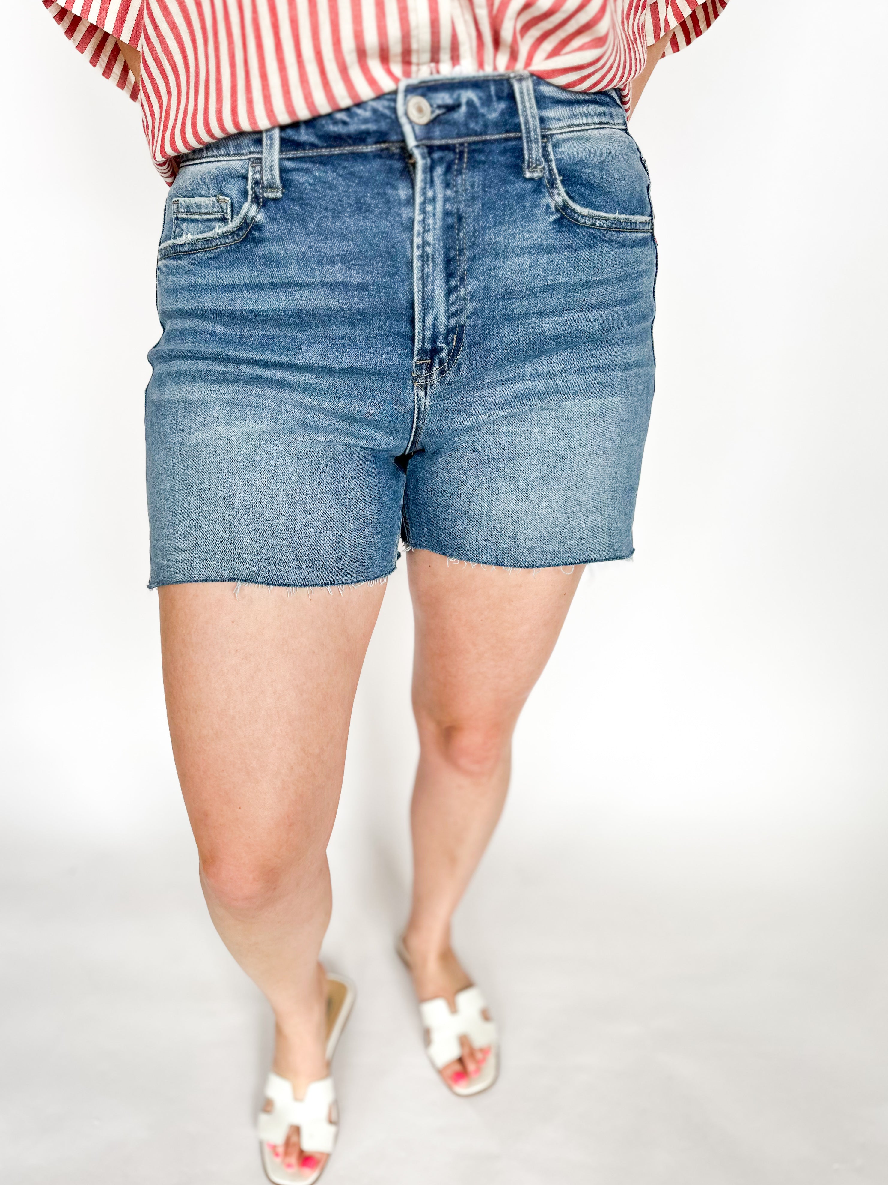 Vervet High Rise A-Line Denim Shorts-410 Shorts/Skirts-VEVERT BY FLYING MONKEY-July & June Women's Fashion Boutique Located in San Antonio, Texas