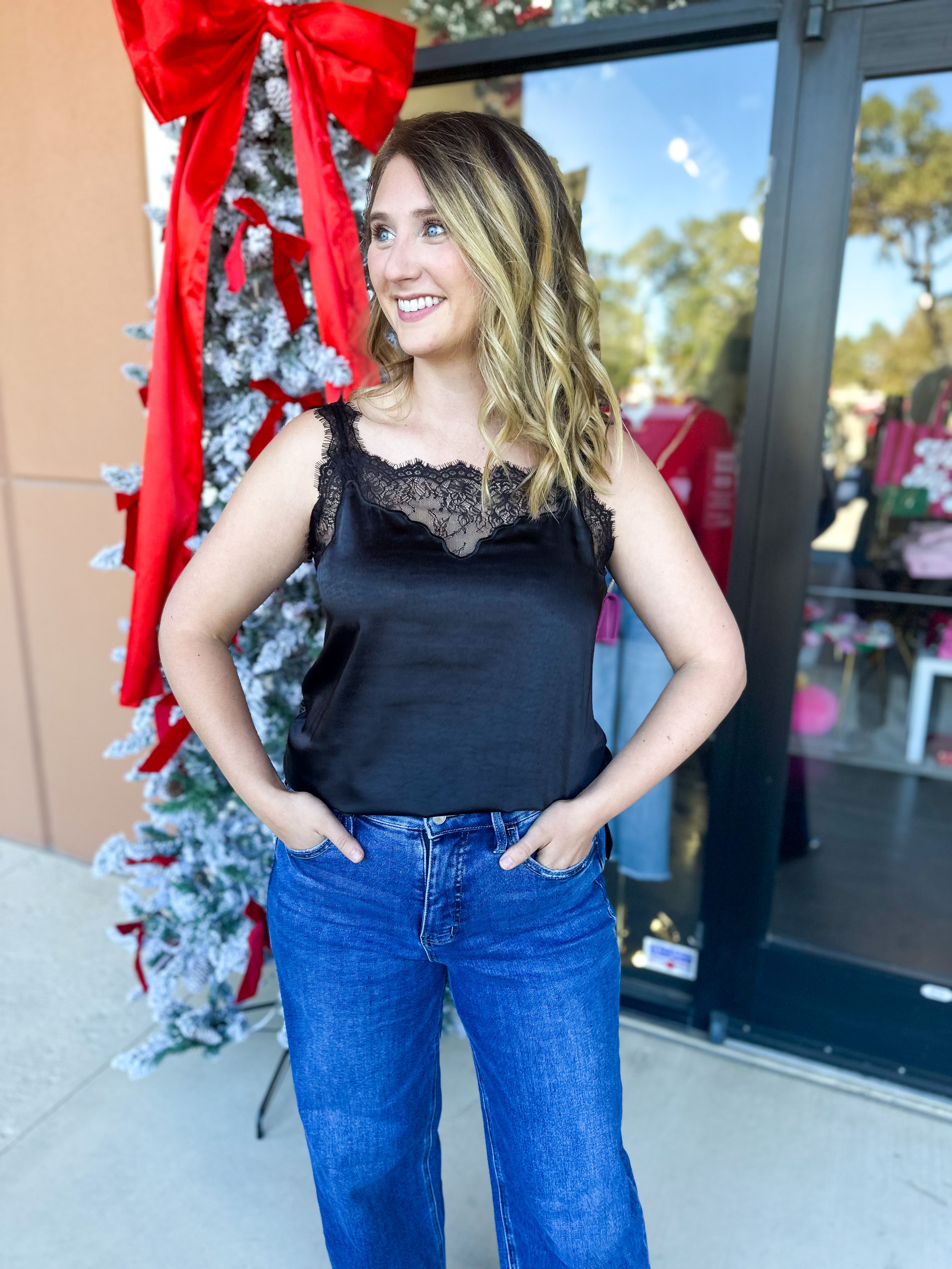 Satin Chic Cami - Black-200 Fashion Blouses-SKIES ARE BLUE-July & June Women's Fashion Boutique Located in San Antonio, Texas