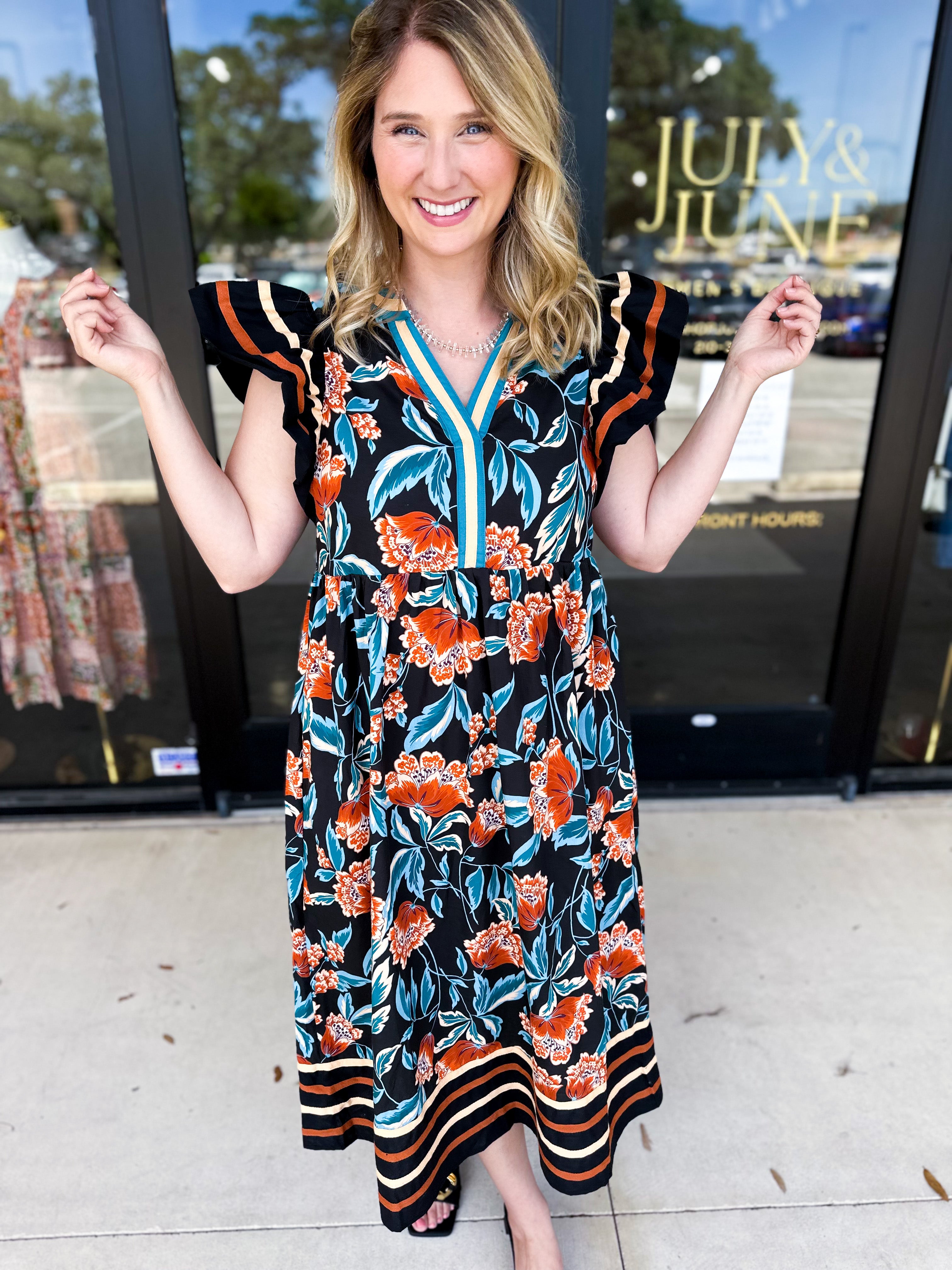 Deep Tones Floral Midi Dress-500 Midi-ENTRO-July & June Women's Fashion Boutique Located in San Antonio, Texas