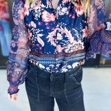 Deep Blue Floral Blouse-200 Fashion Blouses-FATE-July & June Women's Fashion Boutique Located in San Antonio, Texas