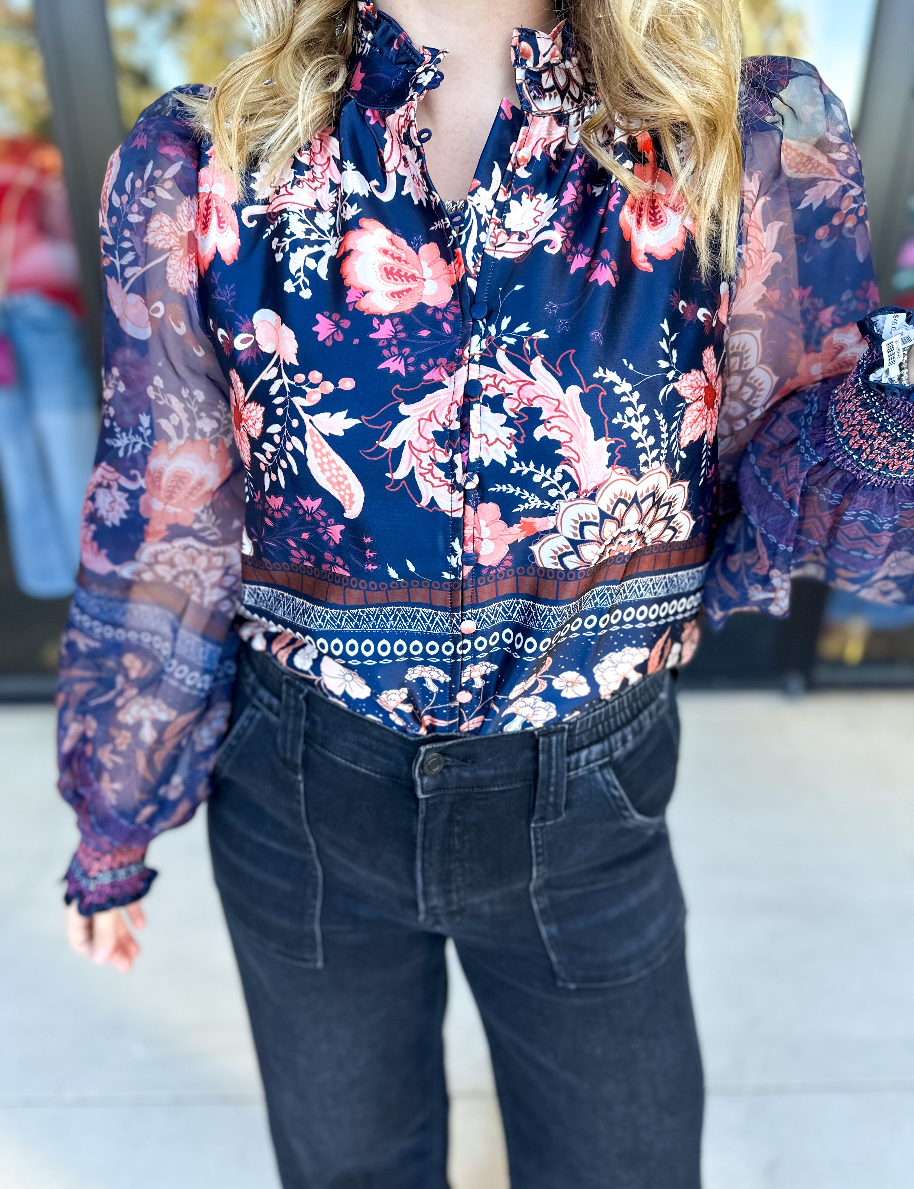 Deep Blue Floral Blouse-200 Fashion Blouses-FATE-July & June Women's Fashion Boutique Located in San Antonio, Texas
