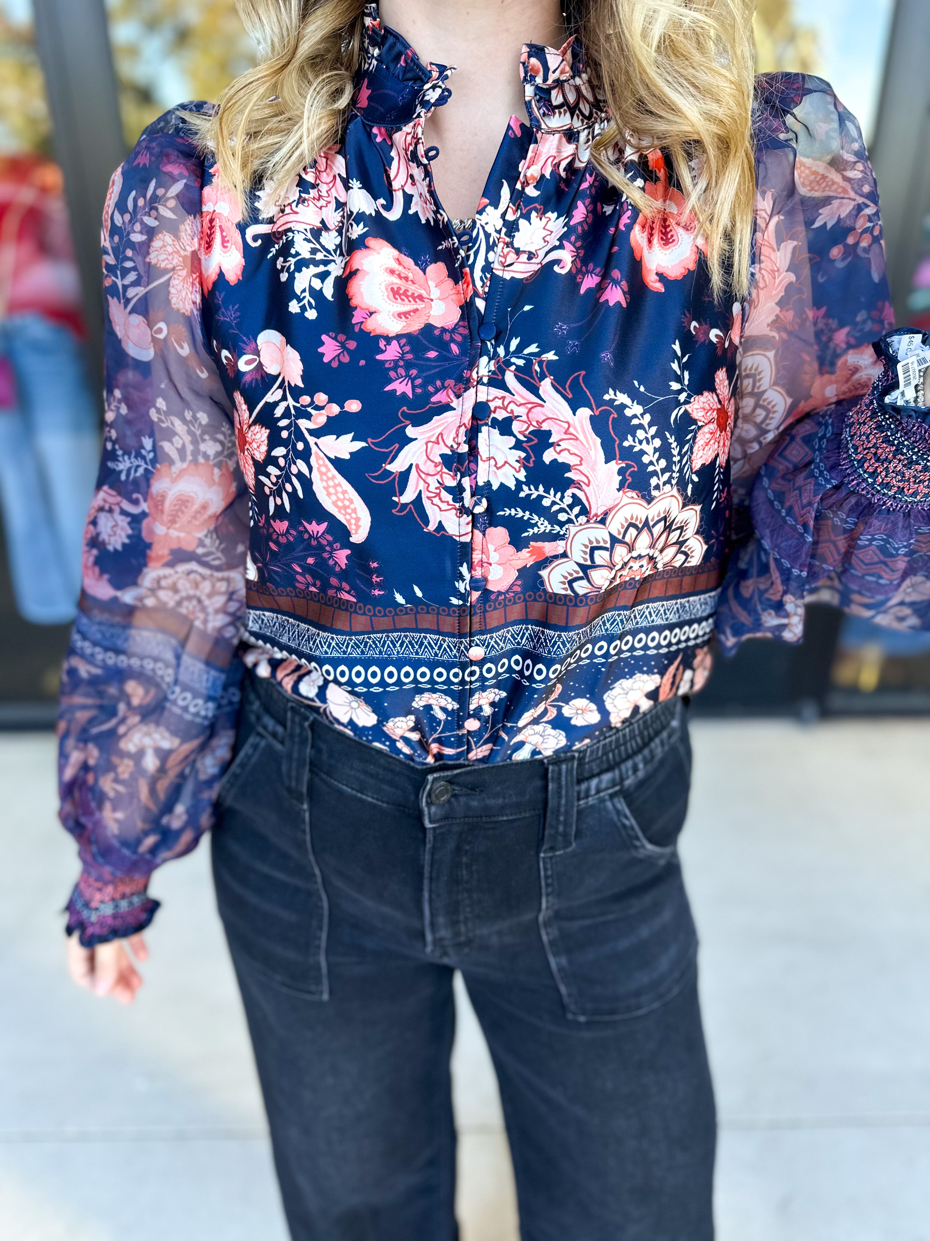Deep Blue Floral Blouse-200 Fashion Blouses-FATE-July & June Women's Fashion Boutique Located in San Antonio, Texas