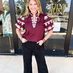 Maroon Embroidered Blouse-200 Fashion Blouses-ENTRO-July & June Women's Fashion Boutique Located in San Antonio, Texas