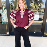 Maroon Embroidered Blouse-200 Fashion Blouses-ENTRO-July & June Women's Fashion Boutique Located in San Antonio, Texas