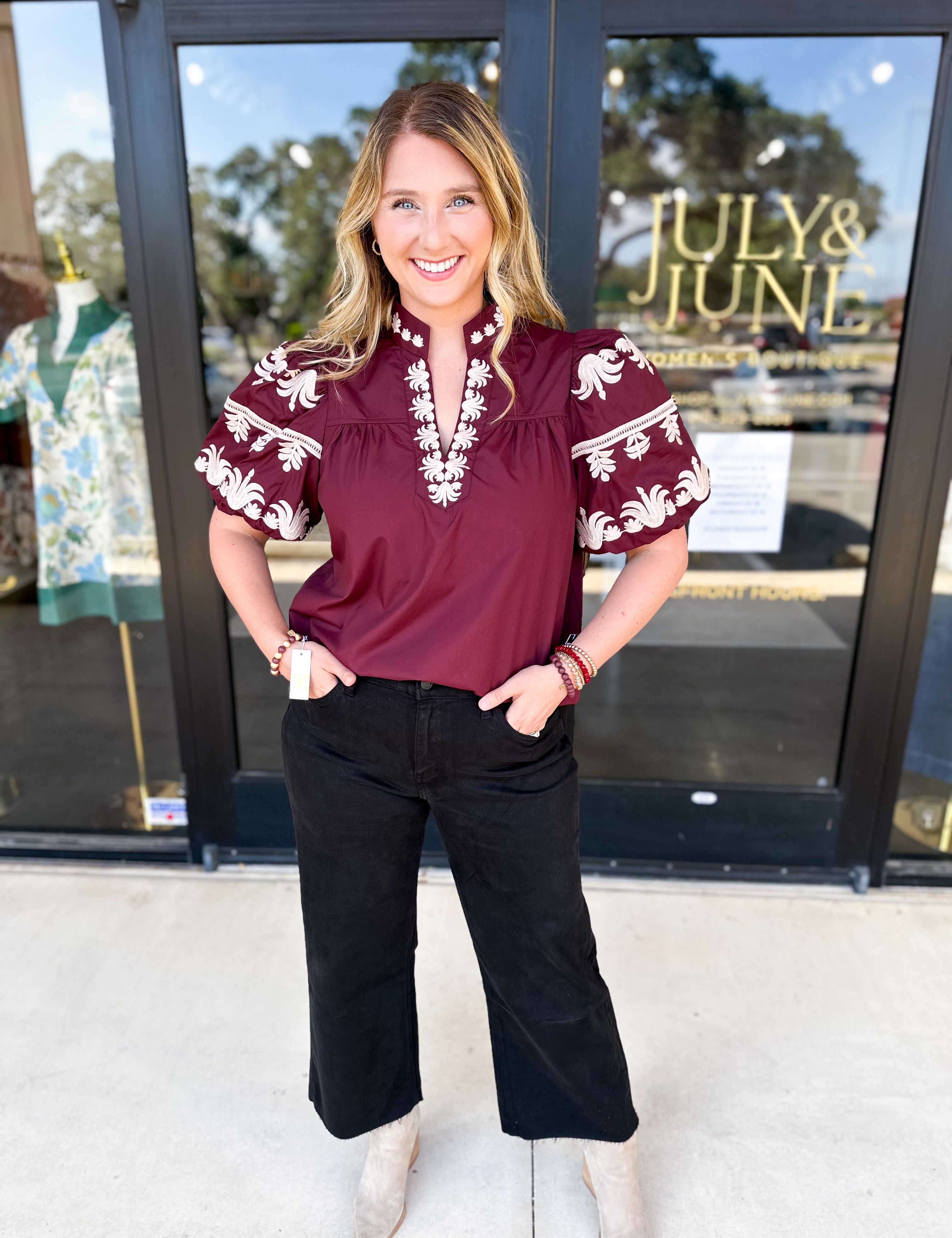 Maroon Embroidered Blouse-200 Fashion Blouses-ENTRO-July & June Women's Fashion Boutique Located in San Antonio, Texas