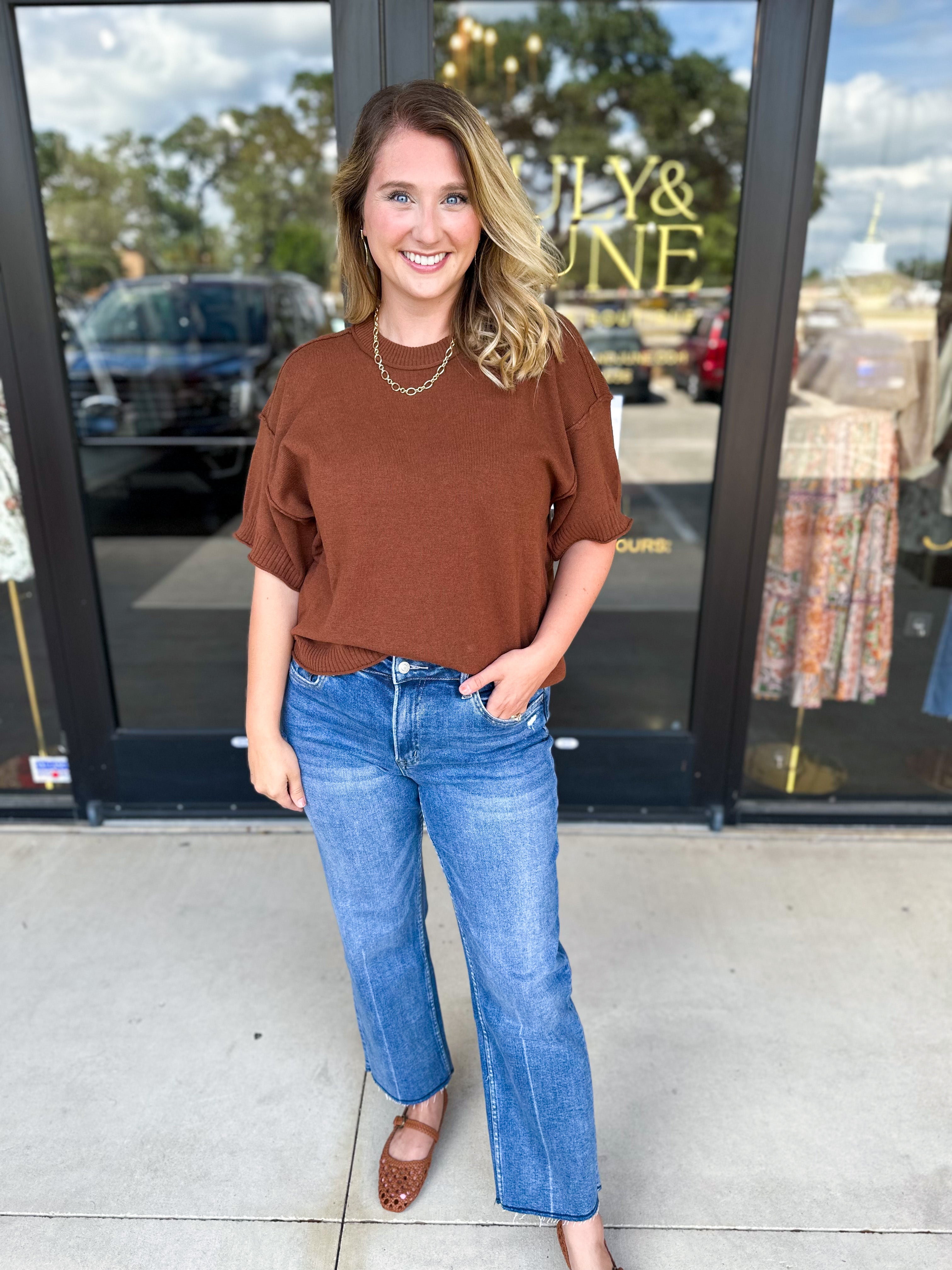 The Ella Knit Sweater Top - Brown-230 Sweaters/Cardis-JODIFL-July & June Women's Fashion Boutique Located in San Antonio, Texas