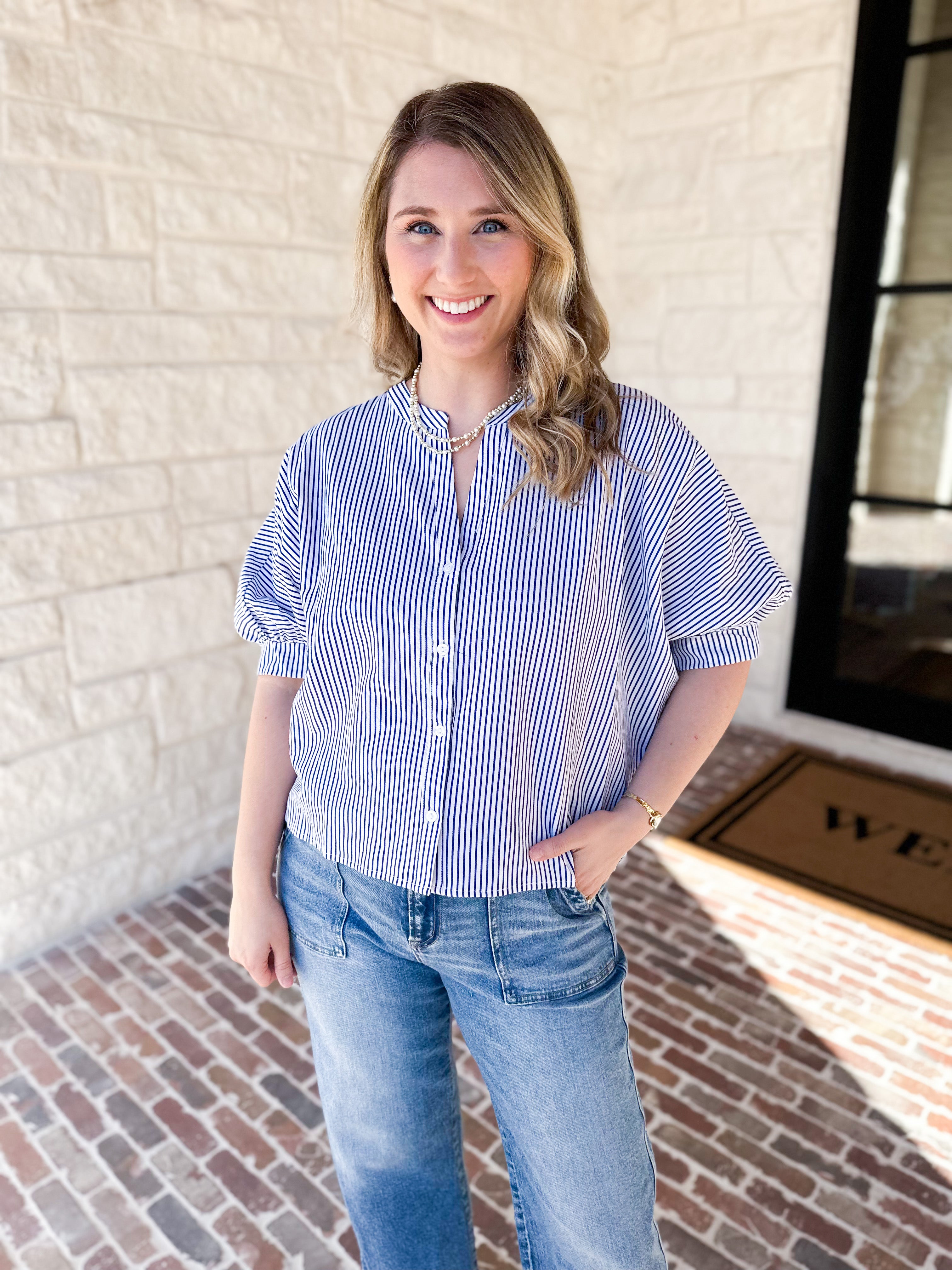 Stripe Dolman Blouse - Navy-200 Fashion Blouses-ALLIE ROSE-July & June Women's Fashion Boutique Located in San Antonio, Texas