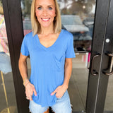 Essential V-Neck Tee - Electric Blue-210 Casual Blouses-ADRIENNE-July & June Women's Fashion Boutique Located in San Antonio, Texas