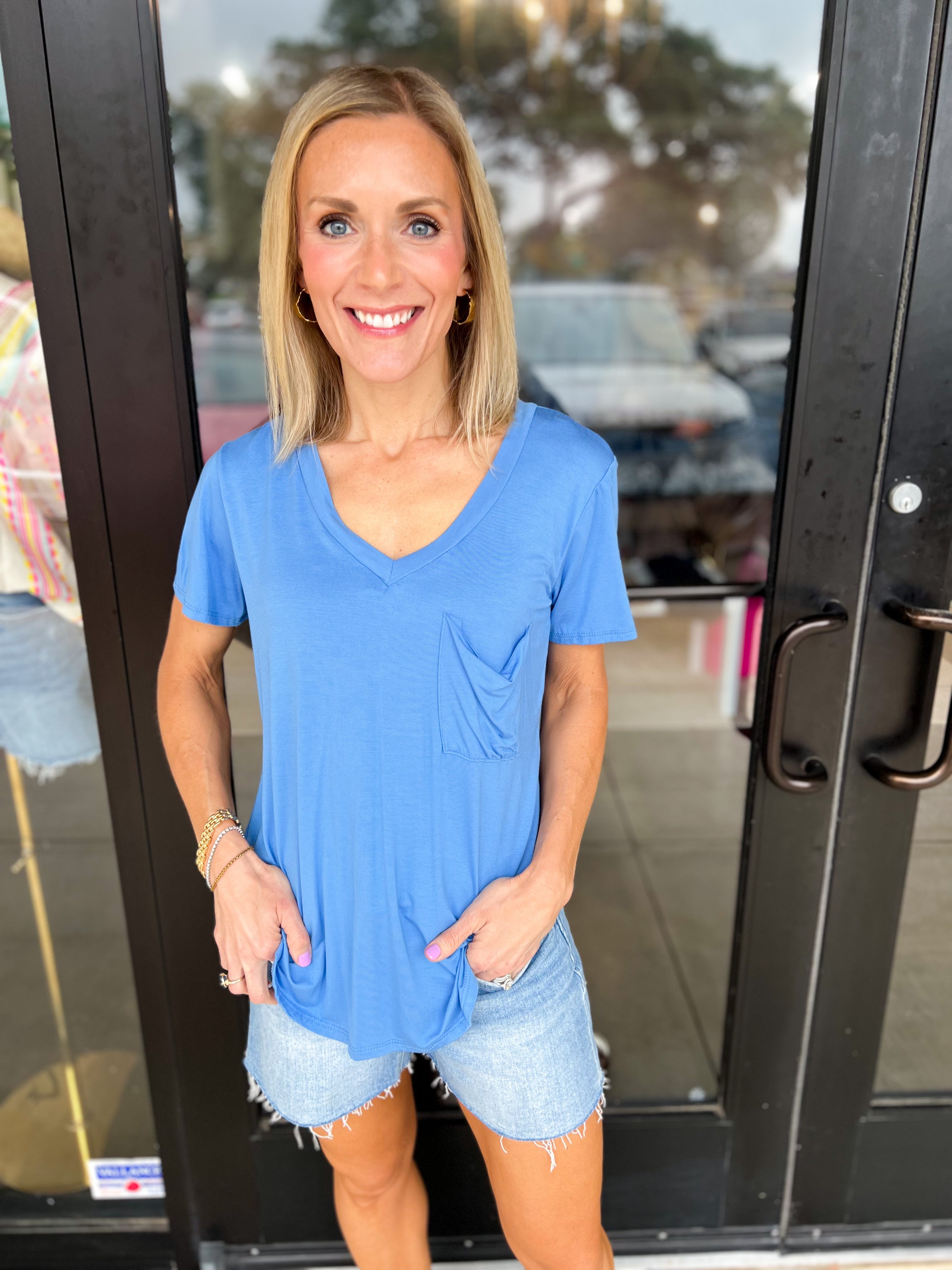 Essential V-Neck Tee - Electric Blue-210 Casual Blouses-ADRIENNE-July & June Women's Fashion Boutique Located in San Antonio, Texas
