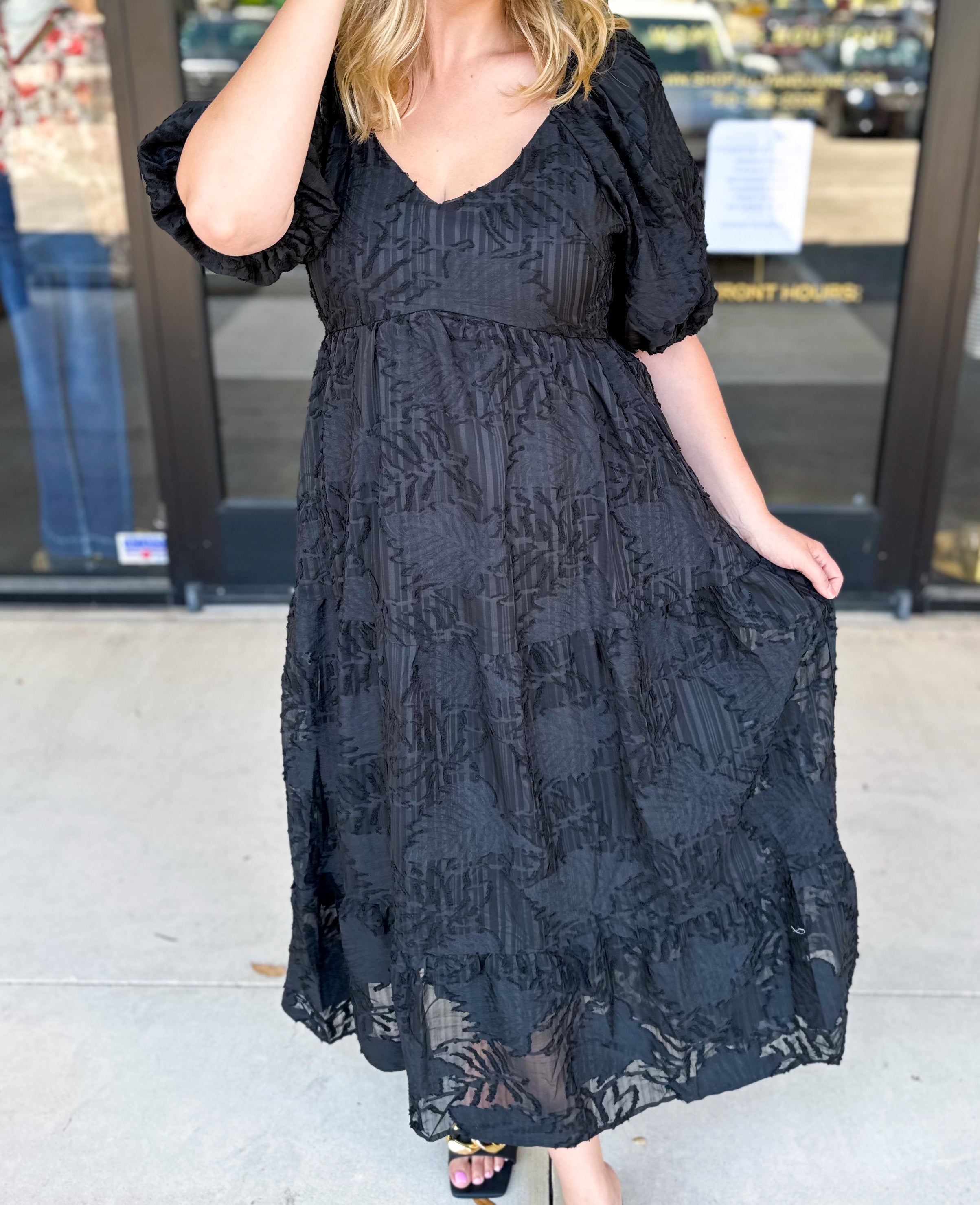 Midnight Textured Midi Dress-500 Midi-POLOGRAM-July & June Women's Fashion Boutique Located in San Antonio, Texas