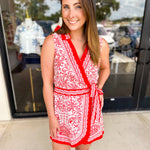 Red Paisley Wrap Romper-510 Mini-SKIES ARE BLUE-July & June Women's Fashion Boutique Located in San Antonio, Texas