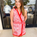 Red Paisley Wrap Romper-510 Mini-SKIES ARE BLUE-July & June Women's Fashion Boutique Located in San Antonio, Texas