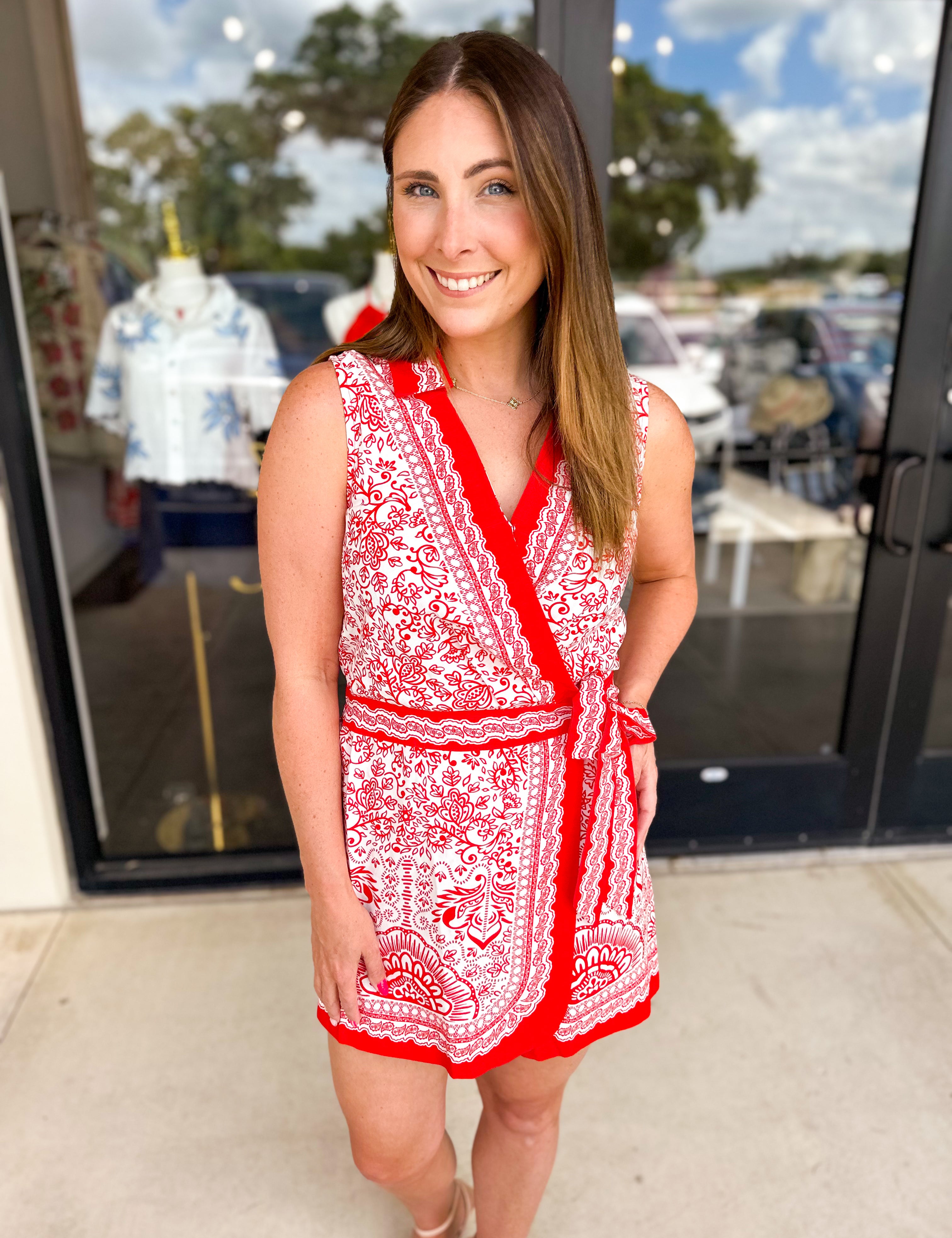 Red Paisley Wrap Romper-510 Mini-SKIES ARE BLUE-July & June Women's Fashion Boutique Located in San Antonio, Texas