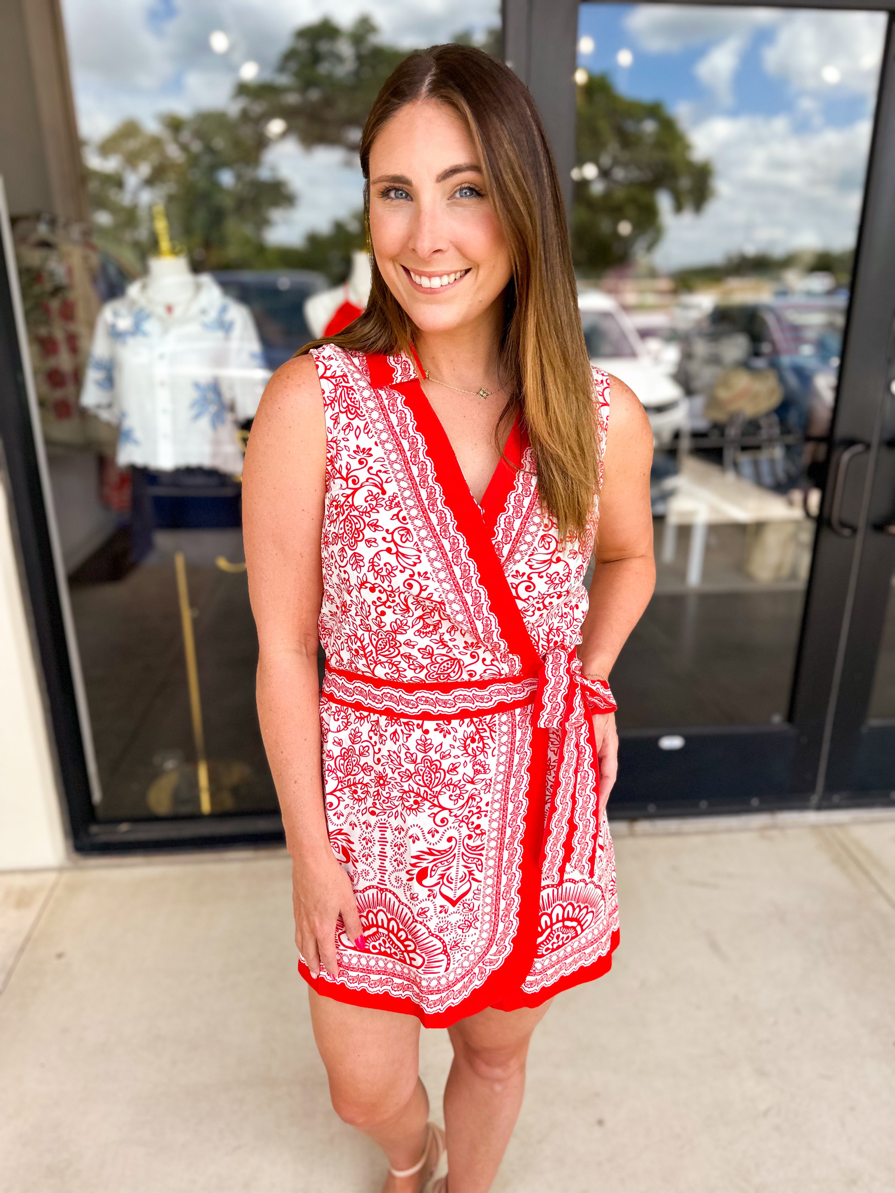 Red Paisley Wrap Romper-510 Mini-SKIES ARE BLUE-July & June Women's Fashion Boutique Located in San Antonio, Texas