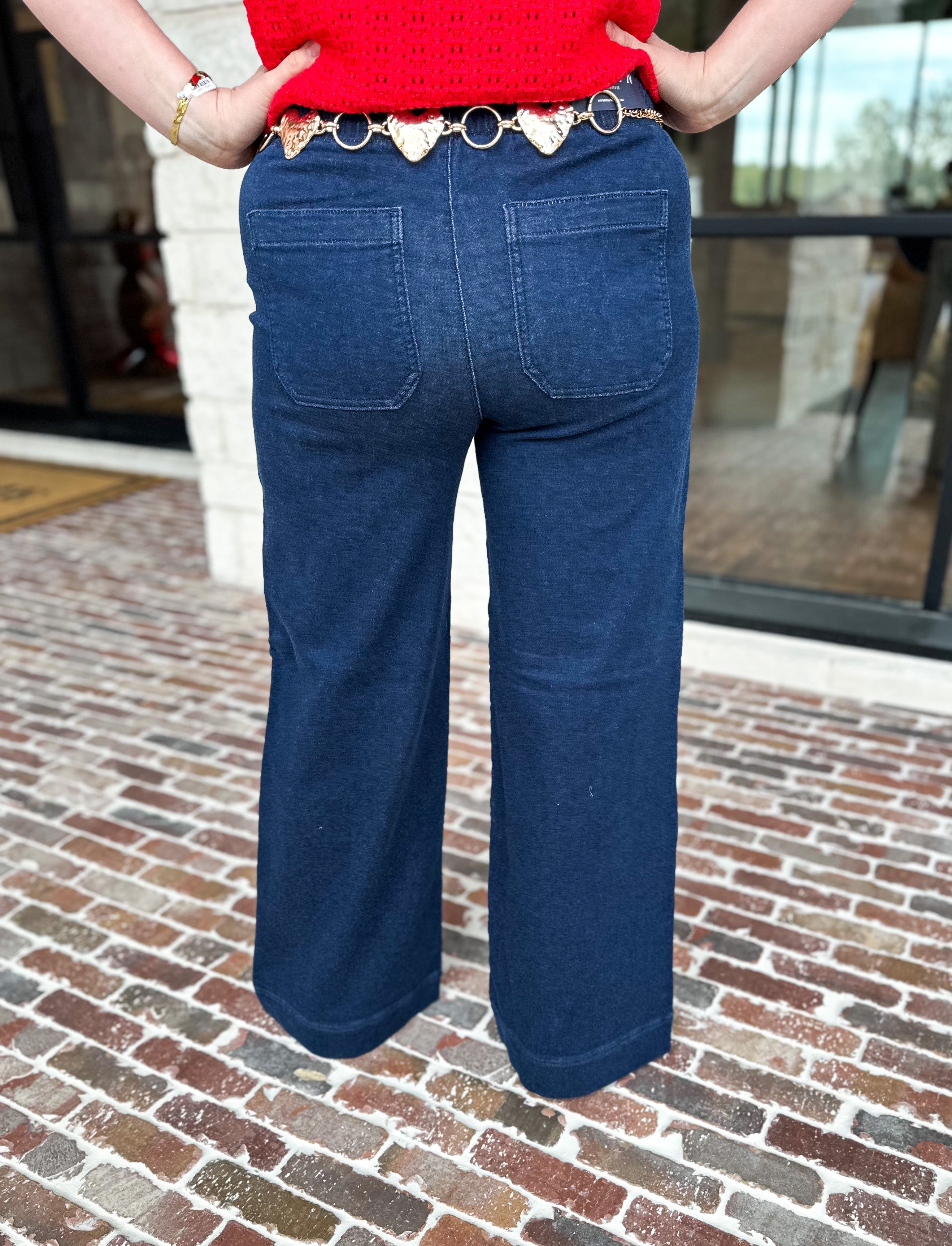 Risen - Dark Wide Leg Patch Pocket Denim Pants-400 Pants-RISEN-July & June Women's Fashion Boutique Located in San Antonio, Texas