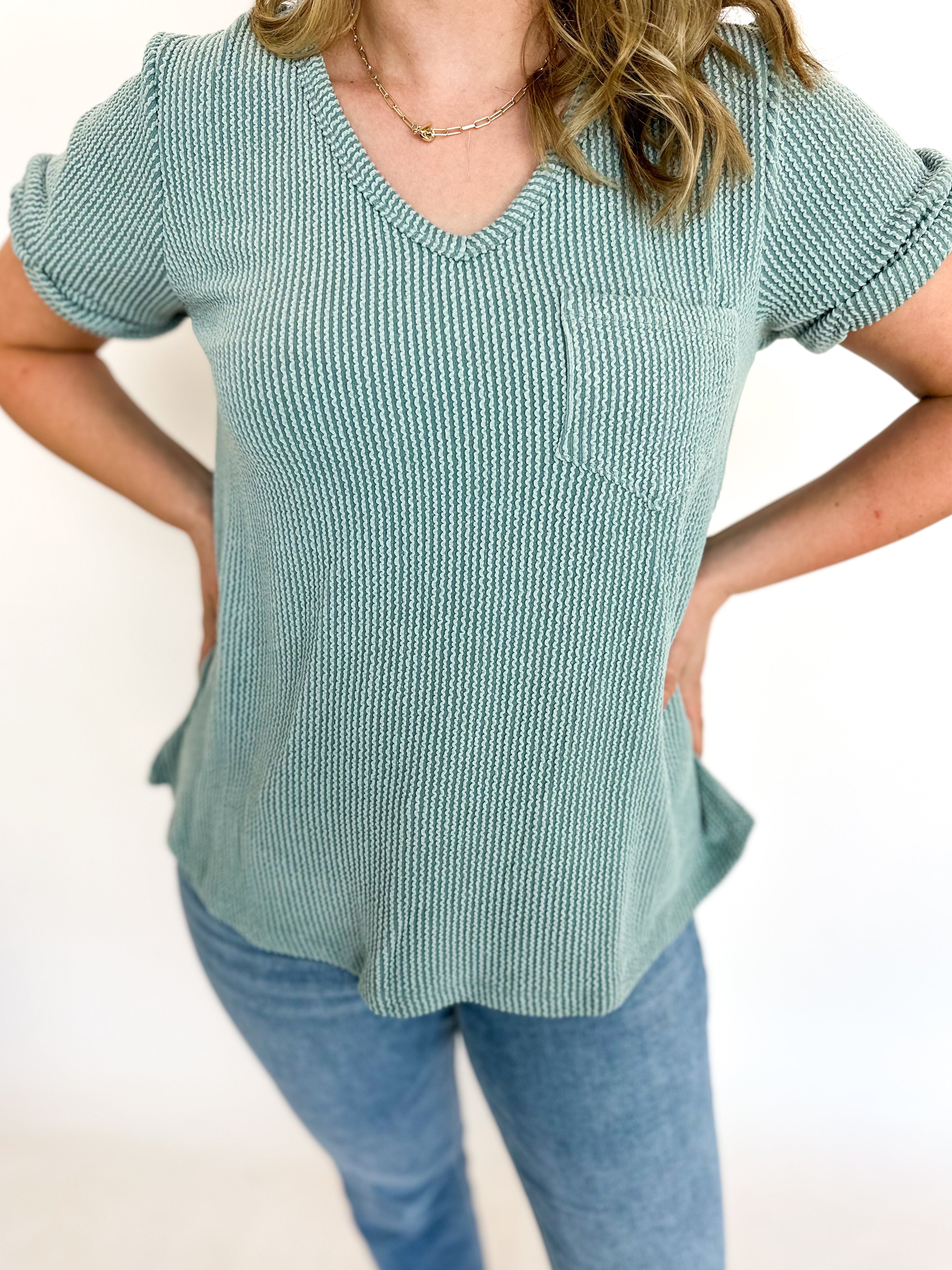 Ribbed V-Neck Tee - Light Sage-210 Casual Blouses-ENTRO-July & June Women's Fashion Boutique Located in San Antonio, Texas