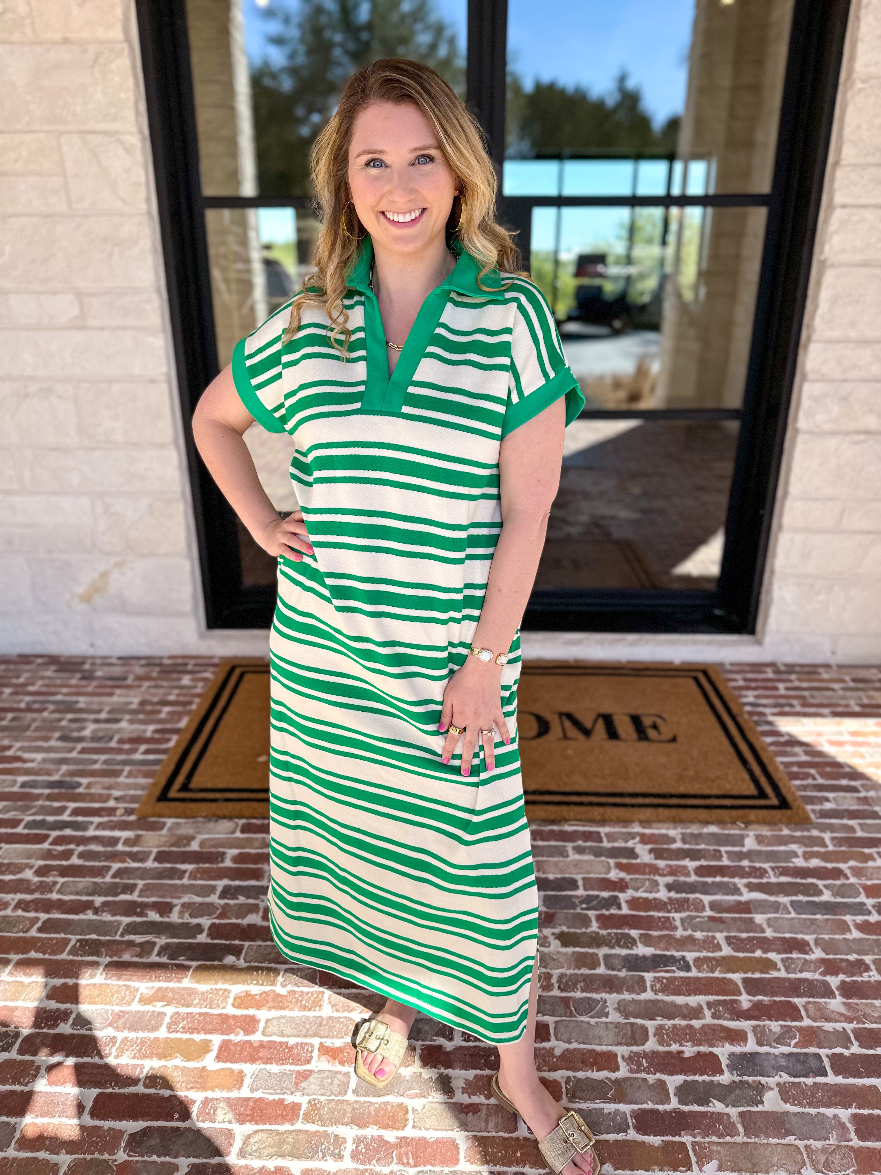 Casual Striped Midi Dress - Kelly Green-500 Midi-ENTRO-July & June Women's Fashion Boutique Located in San Antonio, Texas