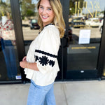 Ecru & Black Embroidered Blouse-200 Fashion Blouses-ENTRO-July & June Women's Fashion Boutique Located in San Antonio, Texas