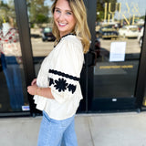 Ecru & Black Embroidered Blouse-200 Fashion Blouses-ENTRO-July & June Women's Fashion Boutique Located in San Antonio, Texas