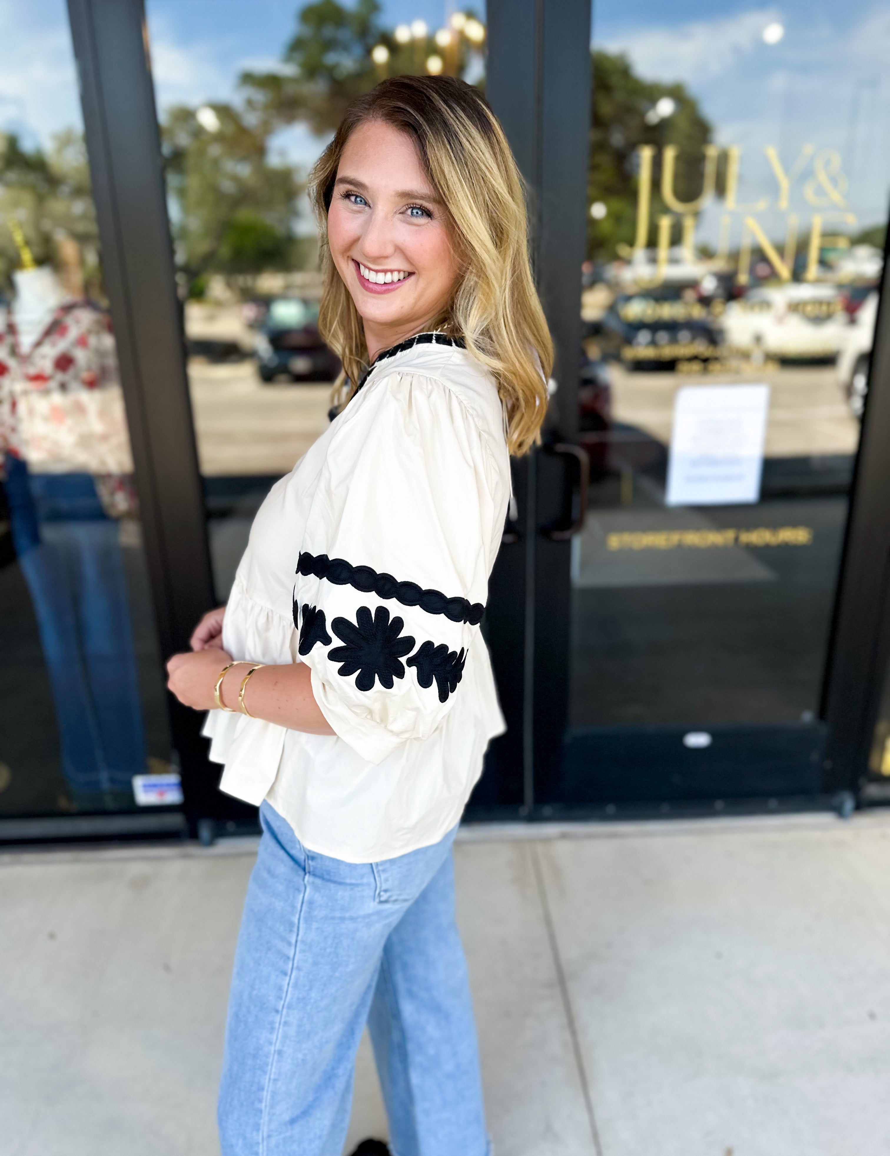 Ecru & Black Embroidered Blouse-200 Fashion Blouses-ENTRO-July & June Women's Fashion Boutique Located in San Antonio, Texas