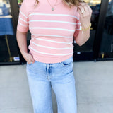 Short Sleeve Stripped Sweater Top - Melon-230 Sweaters/Cardis-ALLIE ROSE-July & June Women's Fashion Boutique Located in San Antonio, Texas