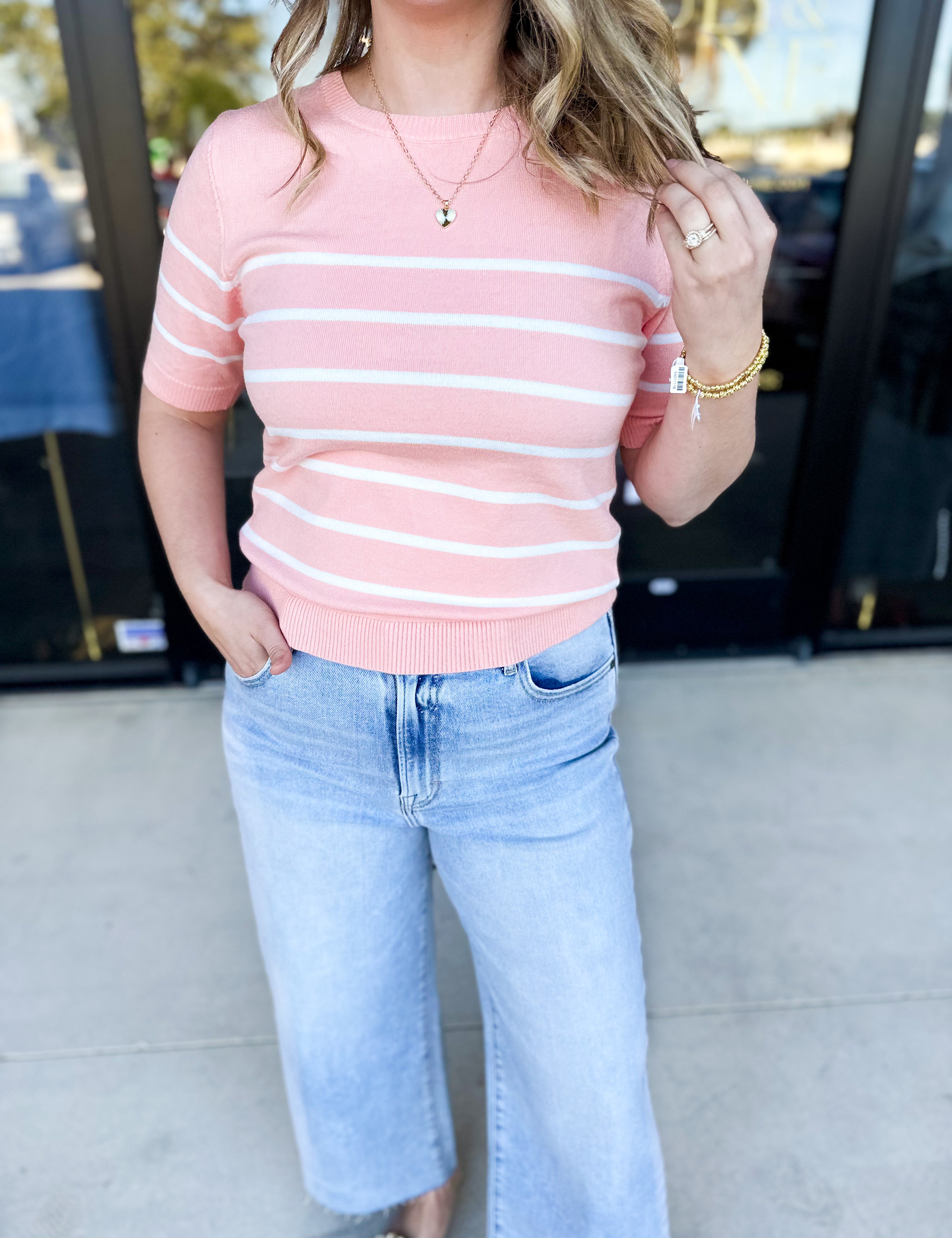 Short Sleeve Stripped Sweater Top - Melon-230 Sweaters/Cardis-ALLIE ROSE-July & June Women's Fashion Boutique Located in San Antonio, Texas