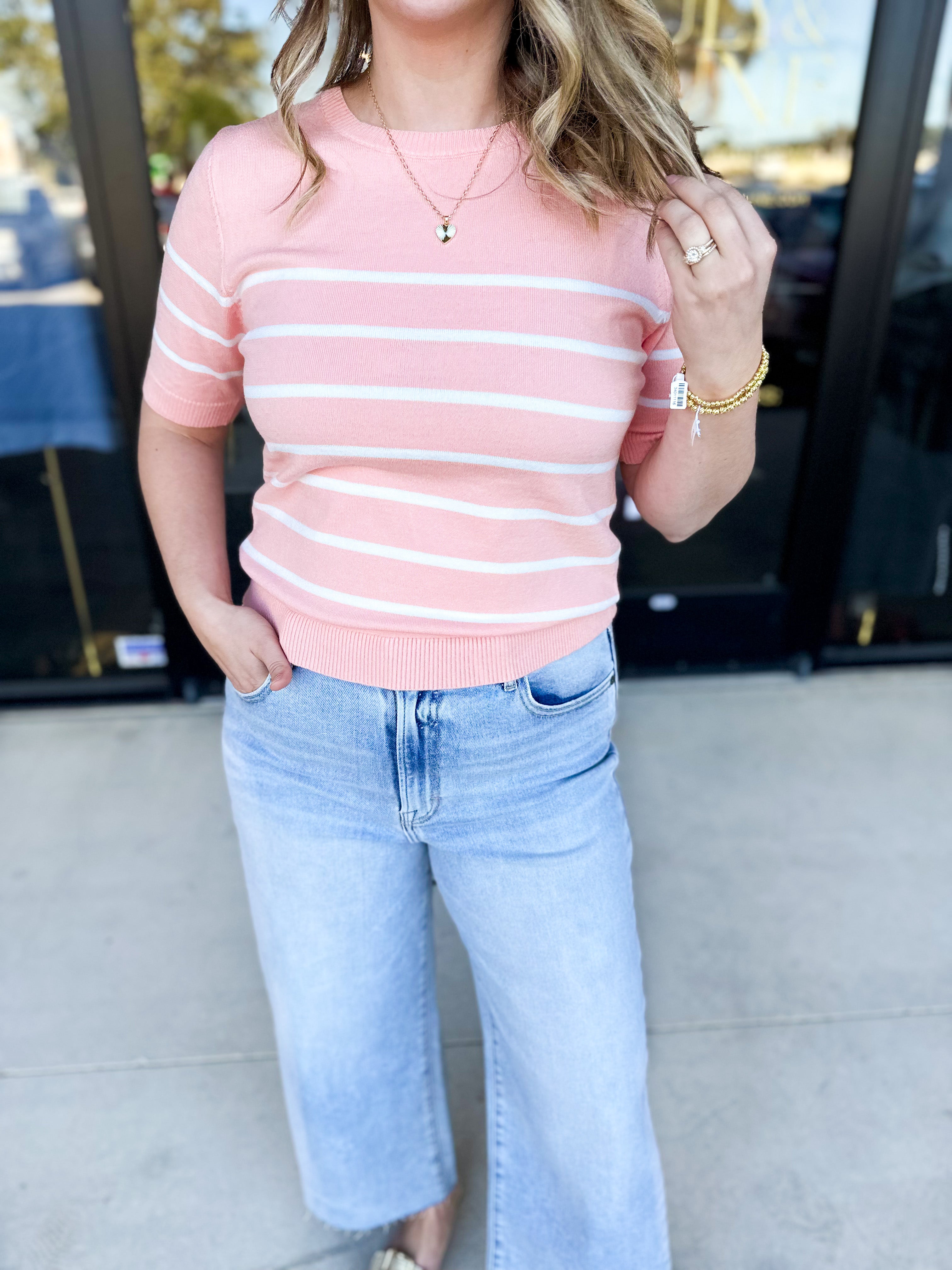 Short Sleeve Stripped Sweater Top - Melon-230 Sweaters/Cardis-ALLIE ROSE-July & June Women's Fashion Boutique Located in San Antonio, Texas