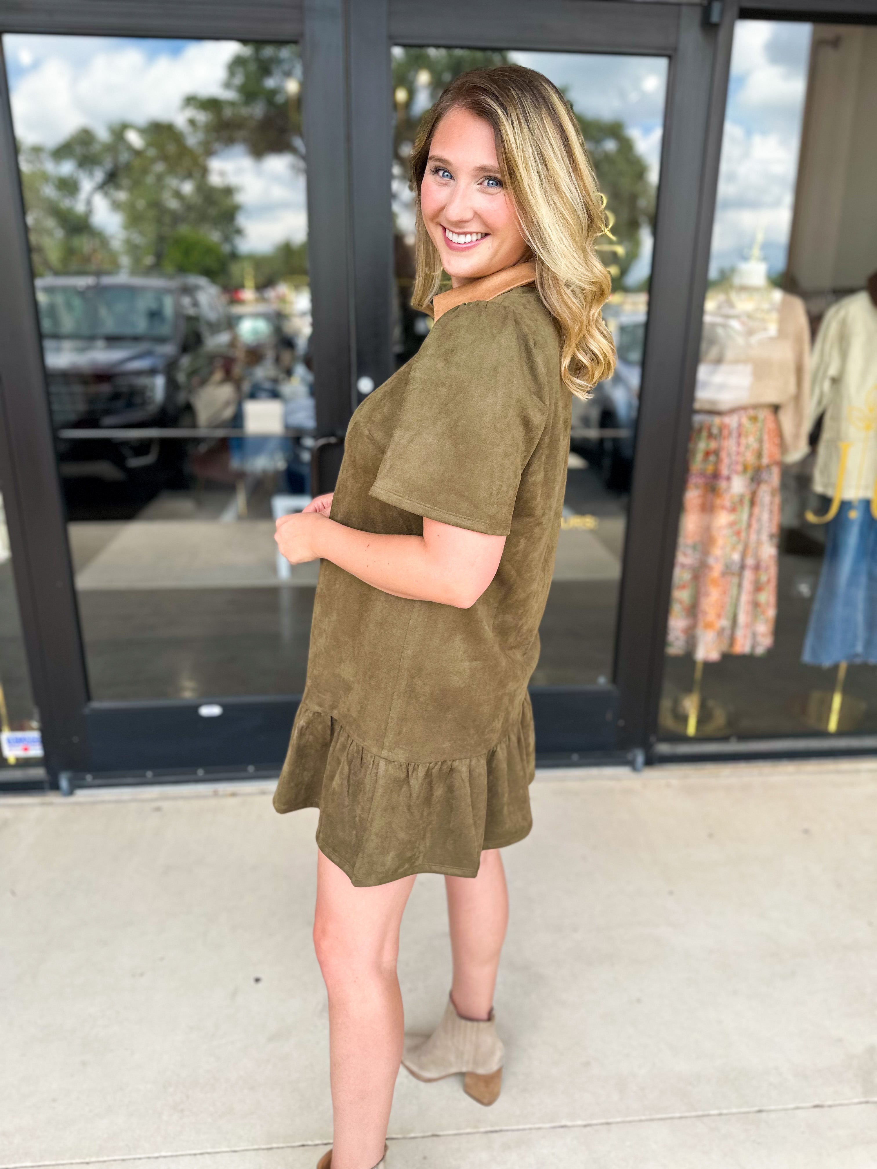 THML - Olive & Tan Suede Mini Dress-510 Mini-THML-July & June Women's Fashion Boutique Located in San Antonio, Texas