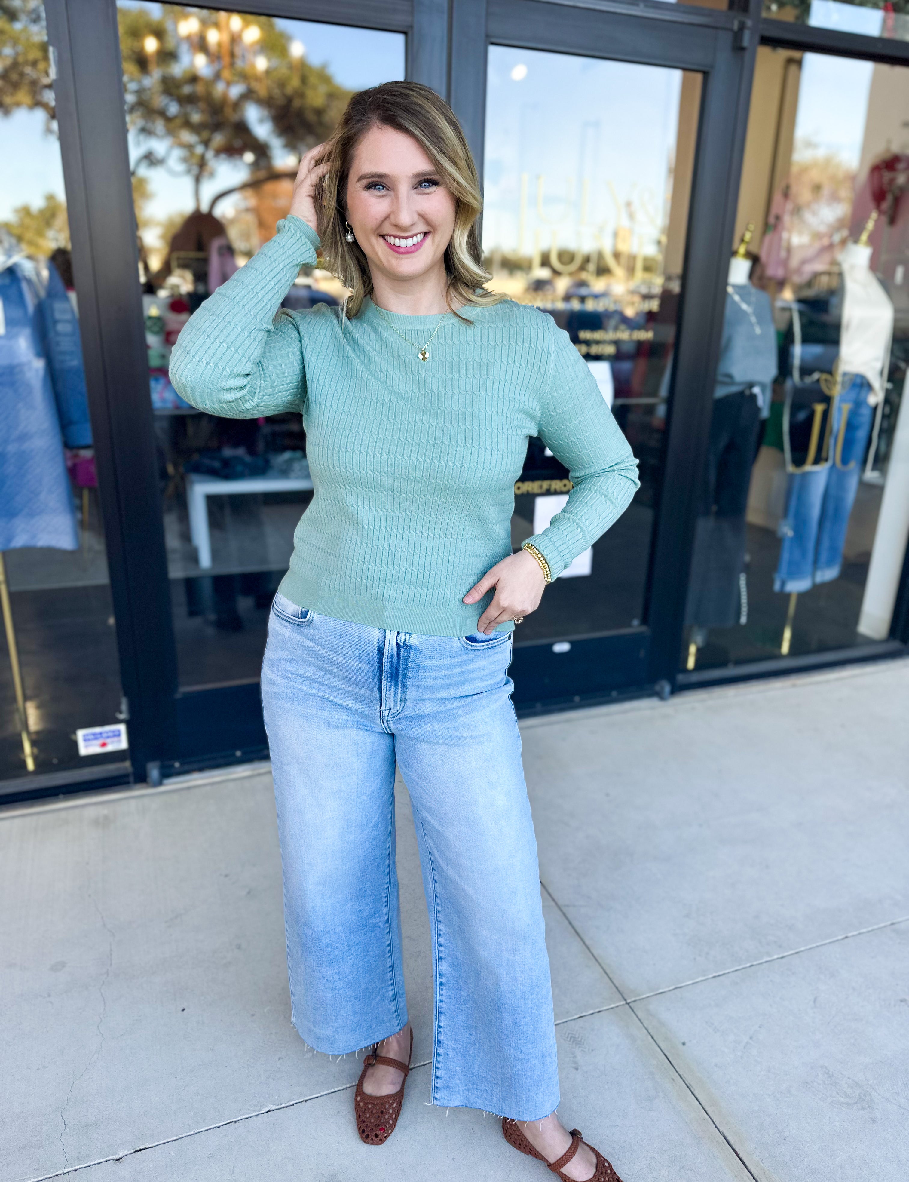 Tailored Cable Knit Sweater Top - Sage-230 Sweaters/Cardis-ALLIE ROSE-July & June Women's Fashion Boutique Located in San Antonio, Texas