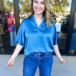 Pink Friday Doorbuster - Classic Satin Blouse - Blue - ONLINE-PINK FRIDAY DOORBUSTERS-GLAM-July & June Women's Fashion Boutique Located in San Antonio, Texas