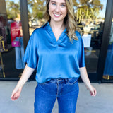 Pink Friday Doorbuster - Classic Satin Blouse - Blue - ONLINE-PINK FRIDAY DOORBUSTERS-GLAM-July & June Women's Fashion Boutique Located in San Antonio, Texas