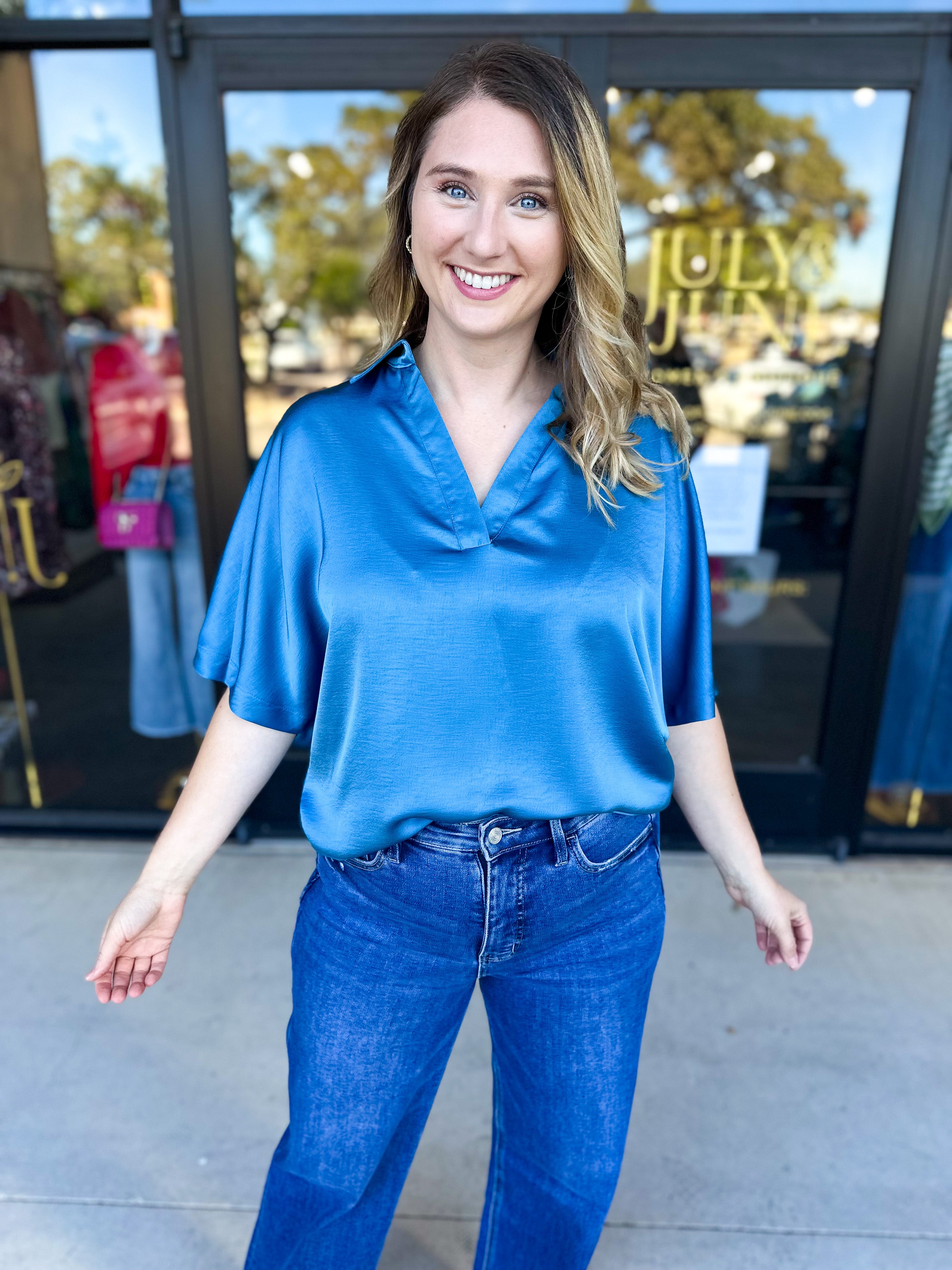 Pink Friday Doorbuster - Classic Satin Blouse - Blue - ONLINE-PINK FRIDAY DOORBUSTERS-GLAM-July & June Women's Fashion Boutique Located in San Antonio, Texas