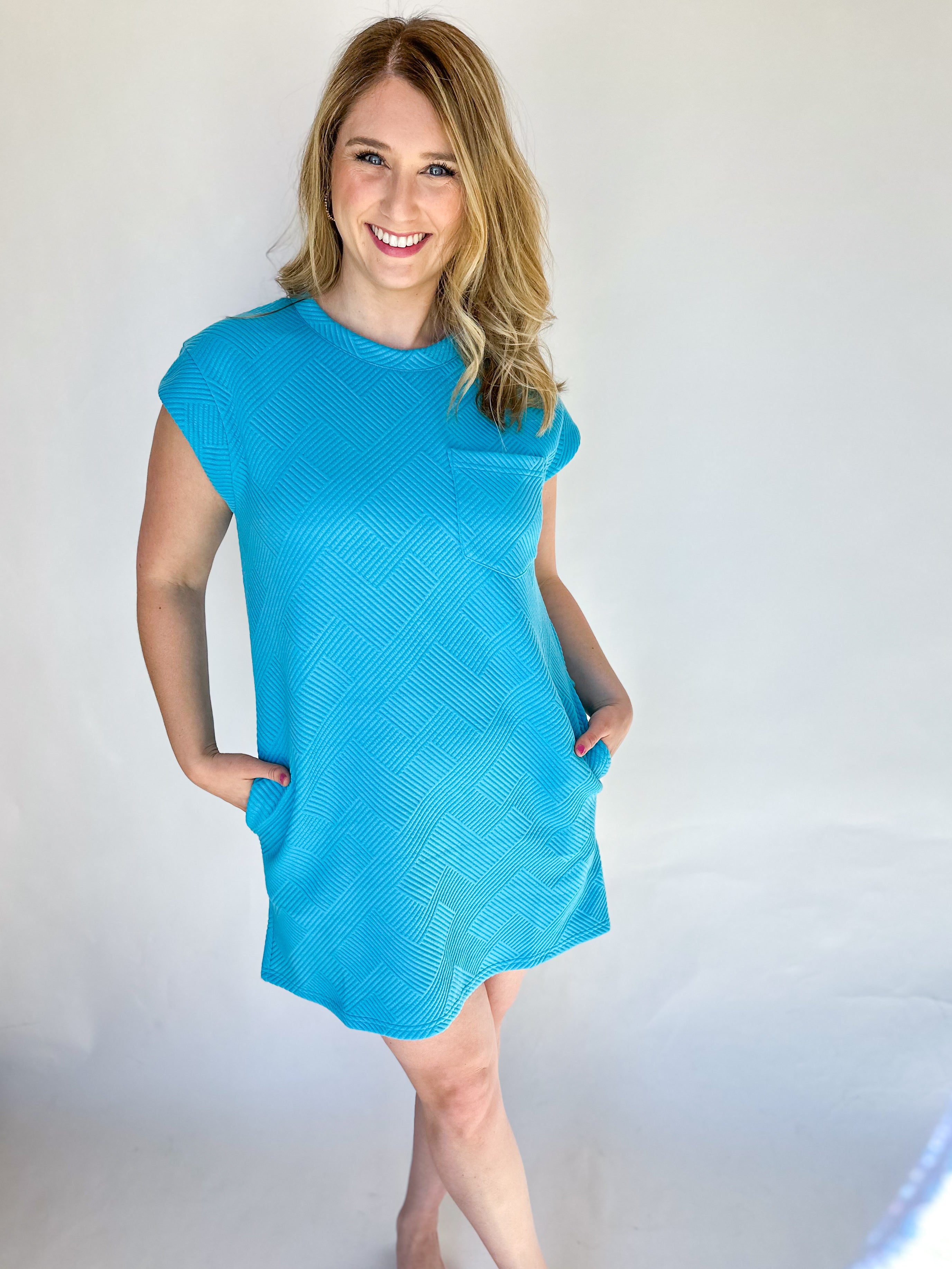 Textured T-Shirt Dress - Blue-510 Mini-ENTRO-July & June Women's Fashion Boutique Located in San Antonio, Texas